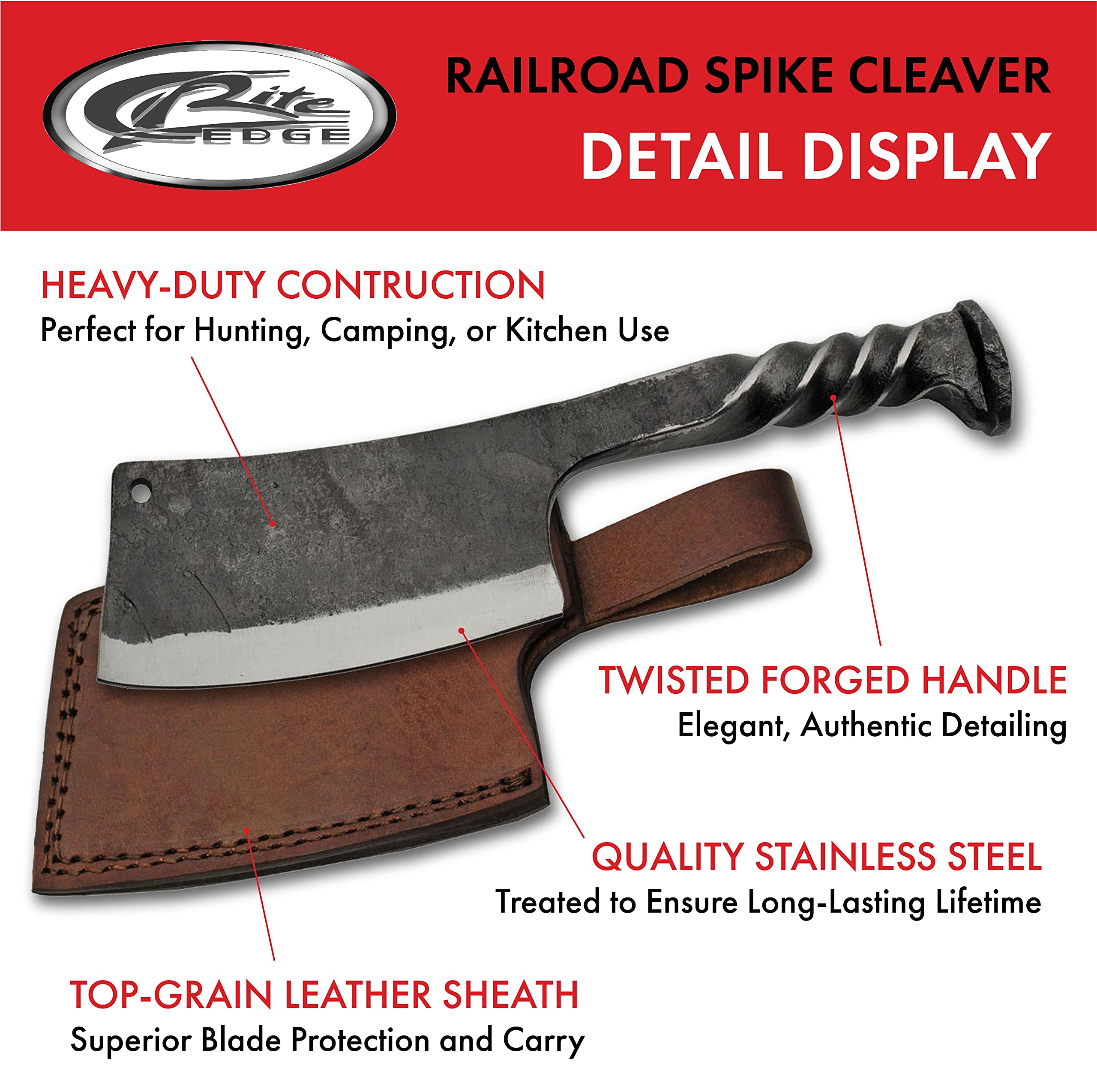 SZCO Supplies 9 "" Trenzado Mango Ferrocarril Spike Cleaver con Funda de cuero, Gris (HS-4416)