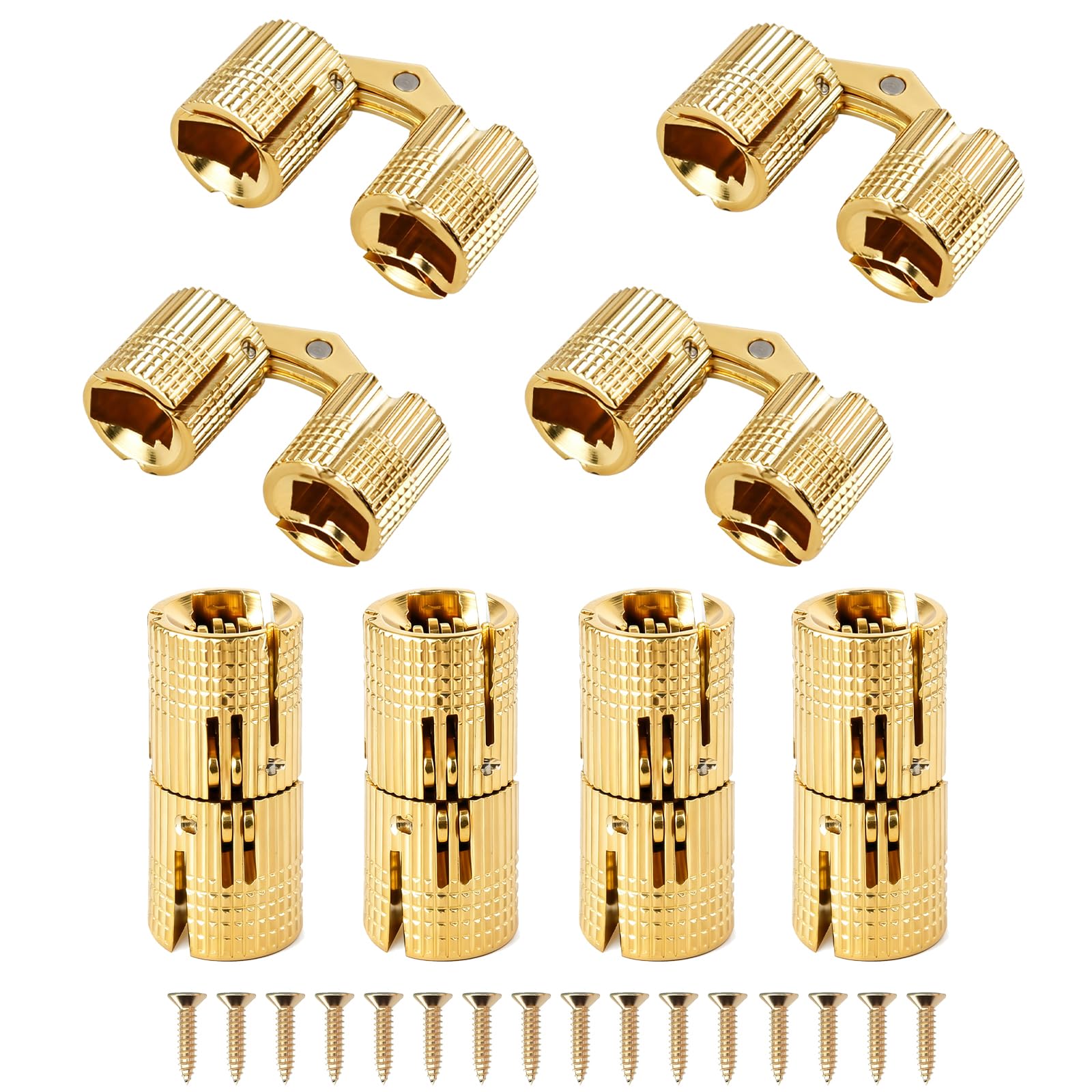 FuncHardwa 8PCS 10mm Hidden Brass Barrel Hinges with 16 Screws, 180 Degree Opening Angle Gold Jewelry Box Hinge, Furniture Hinges for Small Cabinets DIY Wood Crafts (10mm)