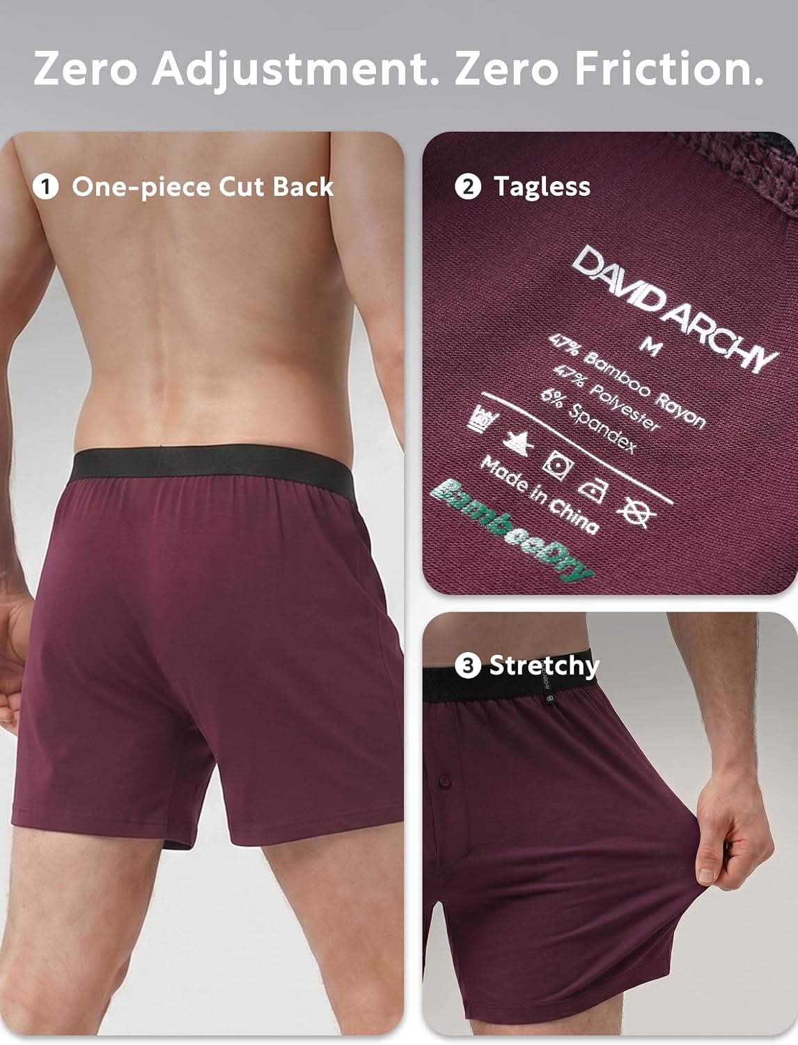 DAVID ARCHY Mens Bamboo Rayon Boxer Shorts Moisture-Wicking Waistband Breathable Cool Quick Dry Relaxed Fit Underwear 3 Pack