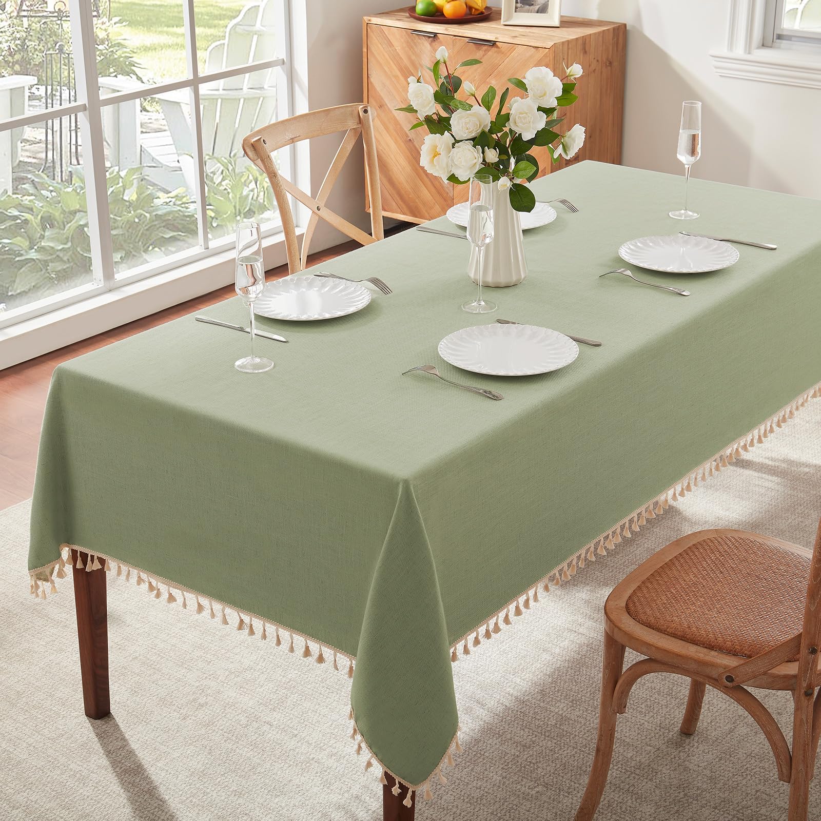 Alsoo Textured Tablecloths for Rectangle Tables Heavy Duty Linen Style Spring Table Cloth Spill Proof Wrinkle Free Table Cover with Tassel for Kitchen Dining Holiday, Sage Green, 55" x 75"