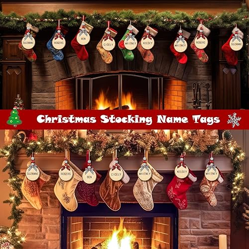Miniatura 5 de Juego de 12 etiquetas de nombre para calcetines de Navidad, letreros de madera para bricolaje, incluye etiquetas de cuentas de madera y lazo,