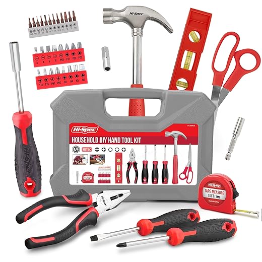 Hi-Spec 42 Piece Red Hand Tool Set for Home & Office - Essential DIY Tools for Repairs and Maintenance with Plastic Tool Box Storage, New Home Essentials