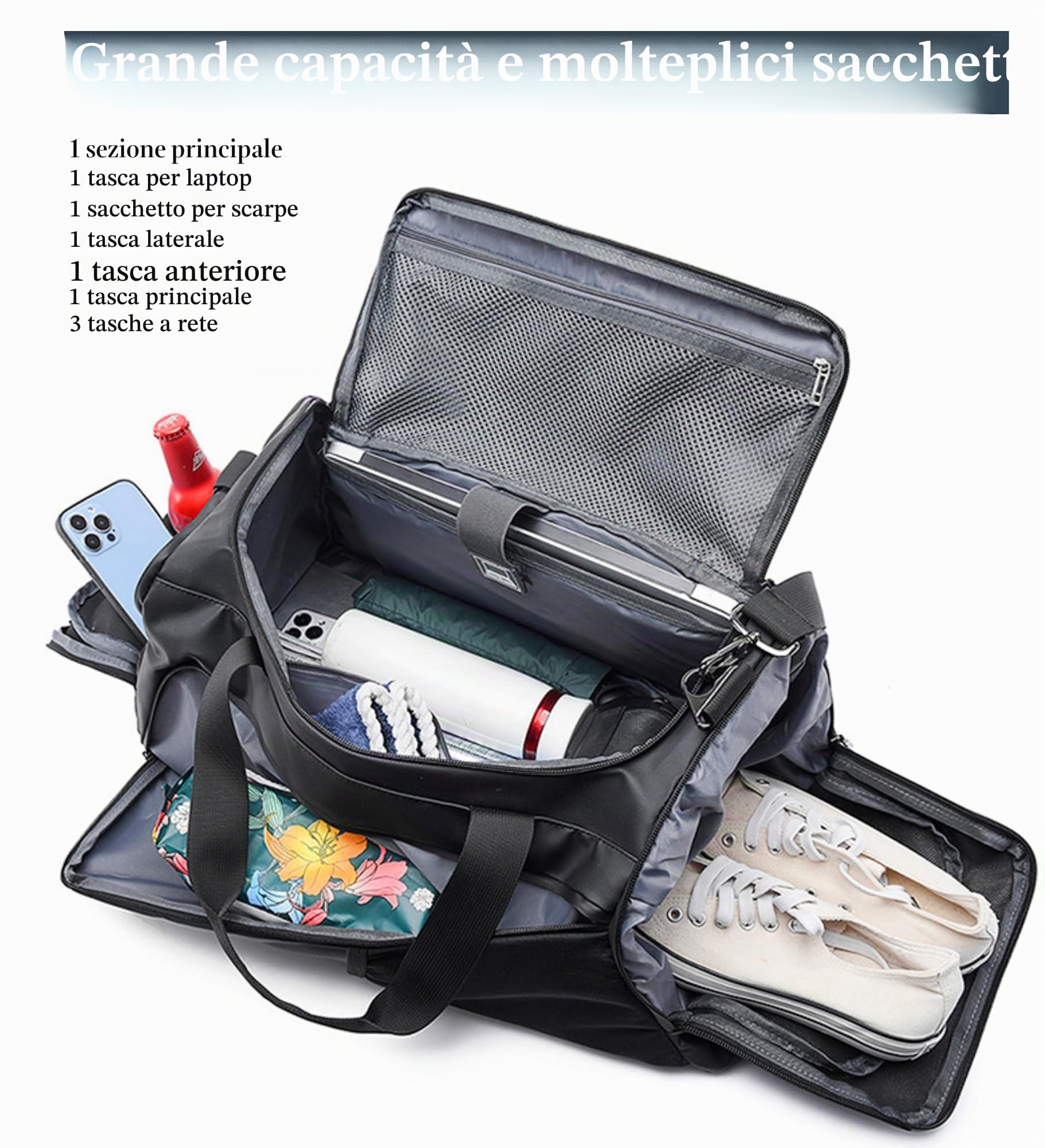 Borsa sportiva 3 in 1 per uomo con scomparto per scarpe, borsa da viaggio con tracolla, zaino da viaggio impermeabile