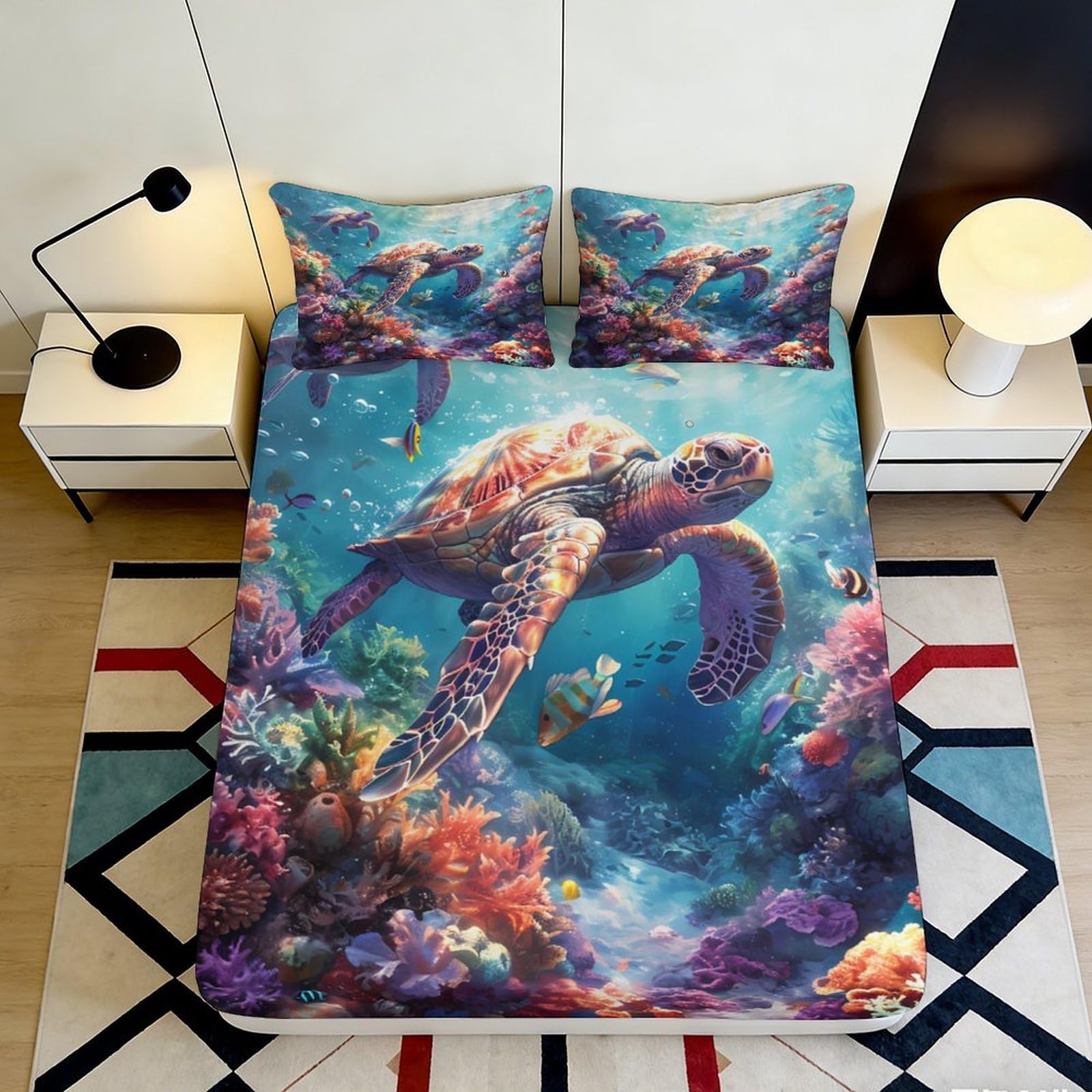 3D Printed Ocean Turtle Fitted Sheet Microfiber Vibrant Coral Reef Mattress Cover for Bedroom Decor Protection 90x200x25cm