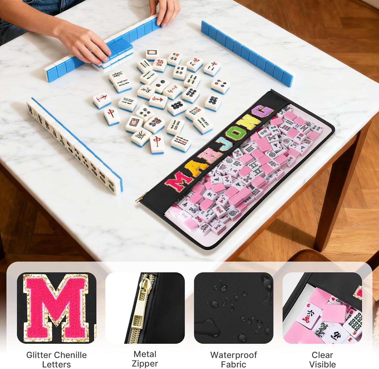 DEVPNR Clear Mahjong Tile Bag with Zipper, Waterproof Empty American Mahjong Storage Bag with Letters, Tile Holder for Game Accessories, Bag Only (Elegant Black)