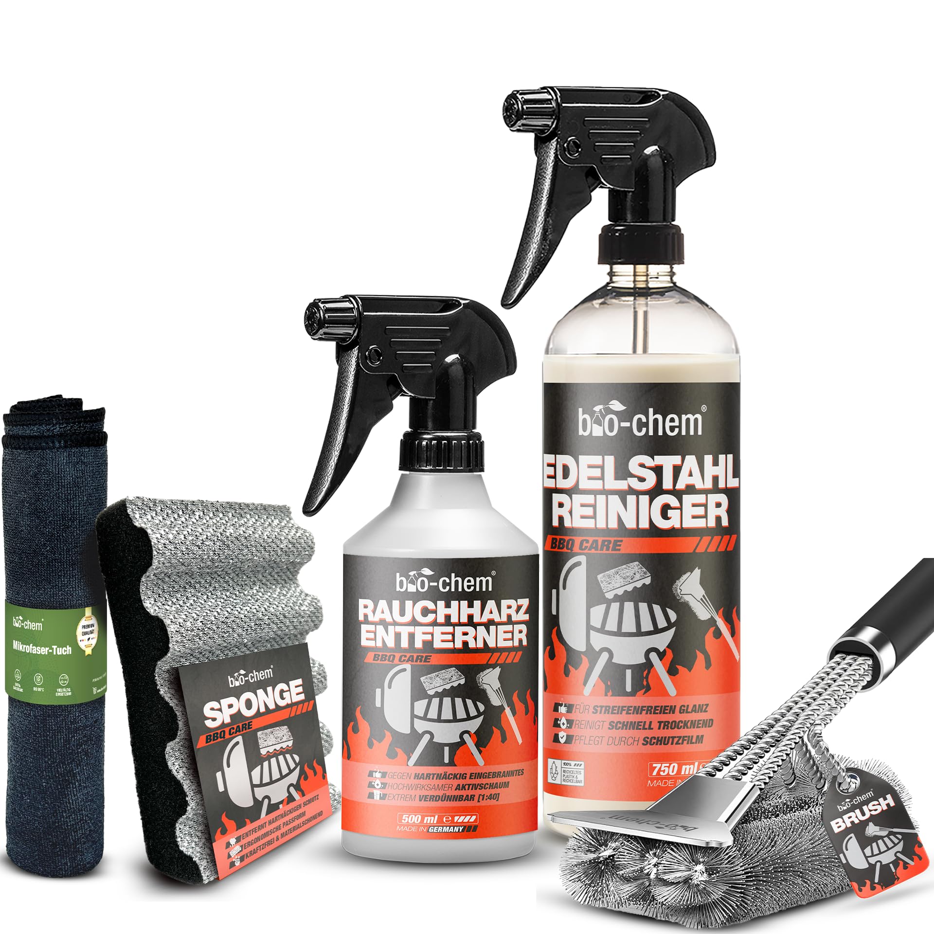 bio-chem Grillreiniger Set 5-teilig – Grillreiniger Gasgrill & Edelstahlreiniger mit Rauchharzentferner – Grill Reinigung Set für Gasgrill & Grillrost – inkl. Schwamm, Grillbürste & Mikrofasertuch