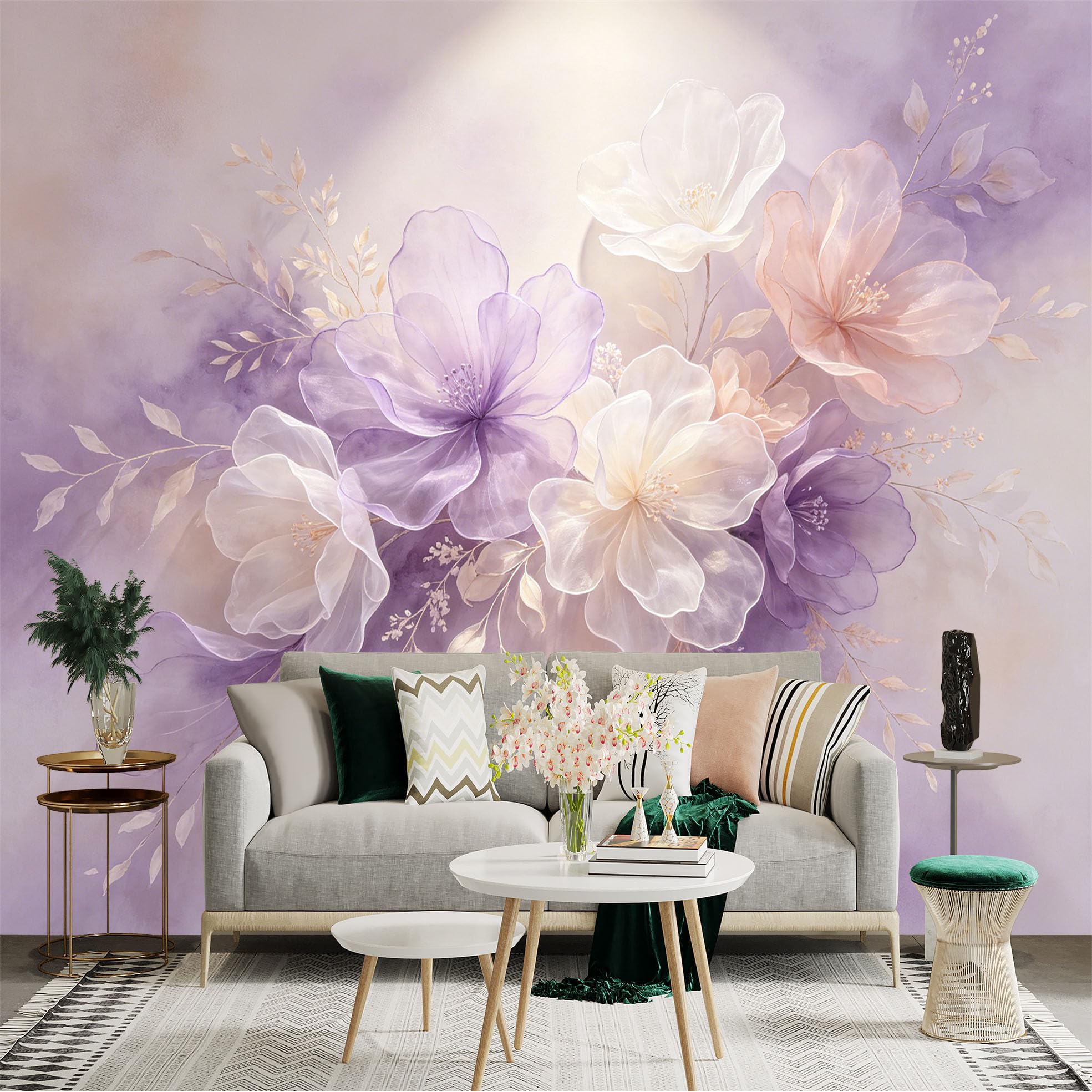 Lnzczhyre Dbh260521010 Custom Size Wall Sticker Mural， Ethereal Pastel Purple Flowers， Soft Watercolor Floral Art， Elegant Botanical Bloom， For Wall Decoration， Peelandstick Wall Decals.