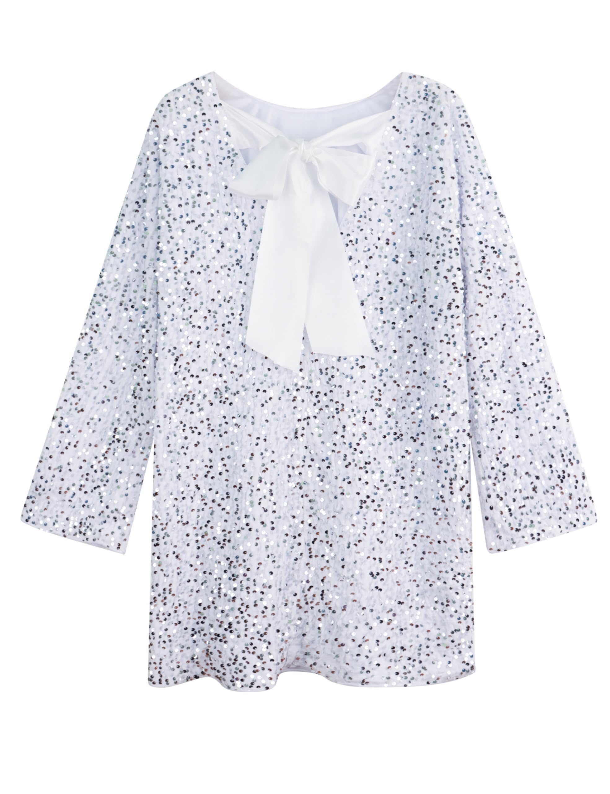 HOCANDY Vestido corto de manga larga con lentejuelas brillantes para mujer, sin espalda, con lazo, ajuste holgado, para fiesta, cóctel, purpurina