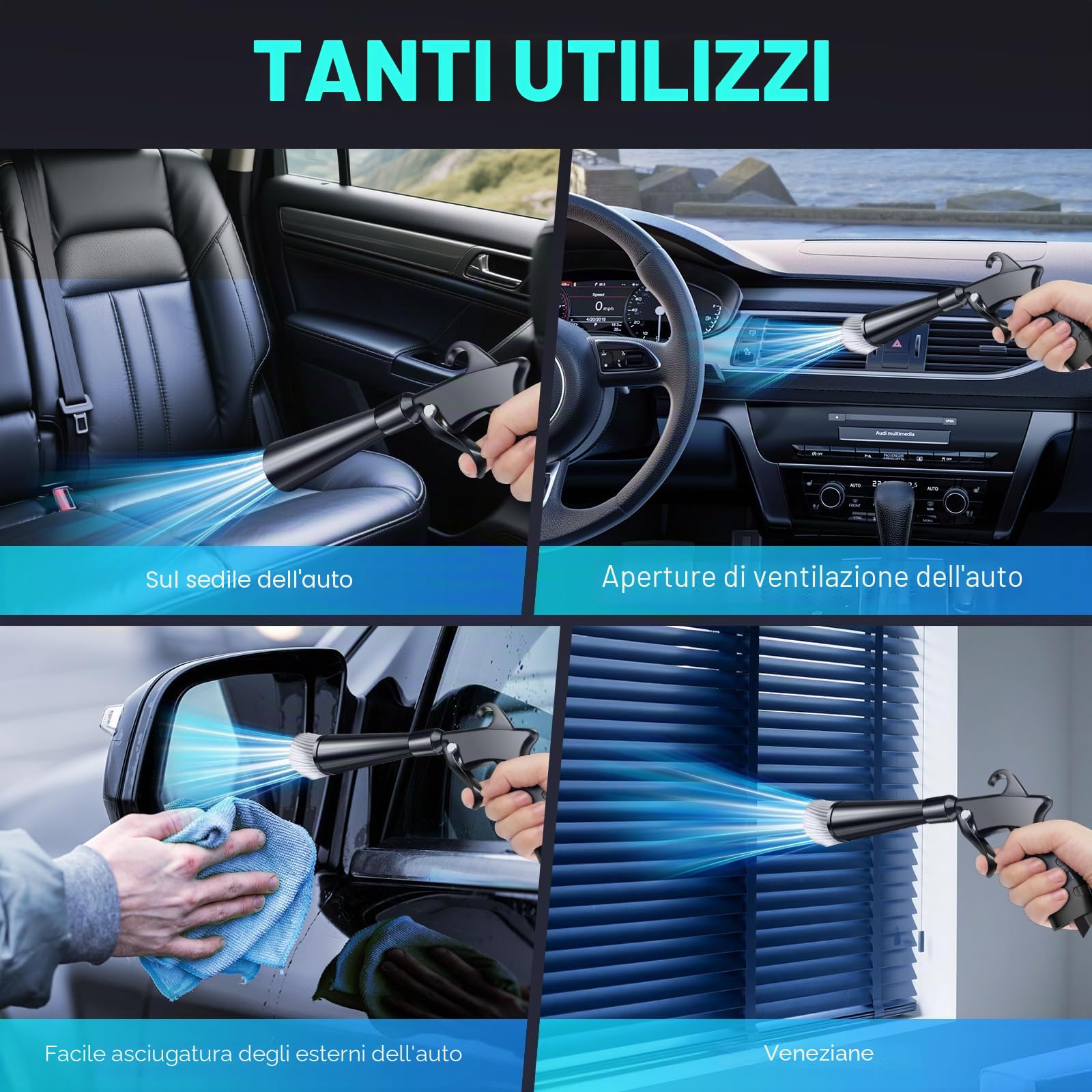 Pistola per lavaggio a secco, pistola per pulizia interna ad alta pressione, pistola per soffiatore ad alta pressione, strumento per la pulizia dell'auto con 2 ugelli per soffiare rapidamente sporco e