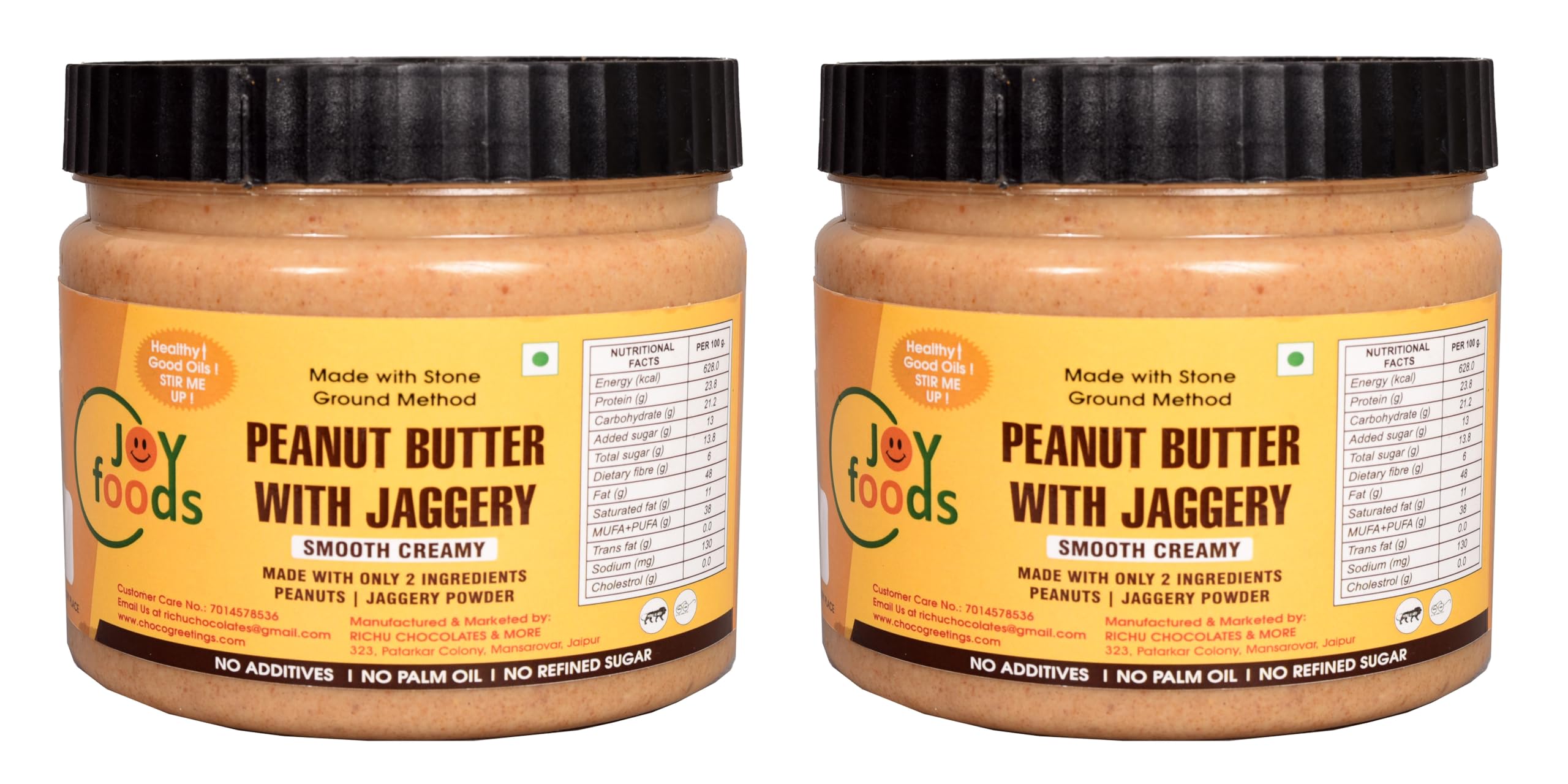 Rich'U Chocolates - Joy Foods - Peanut Butter With Jaggery | Creamy | Vegan | Gluten Free | No Preservative | 100% Natural | No Refined Sugar | No Palm Oil | Stone Grinded (250 Gram X 2) Set of 2