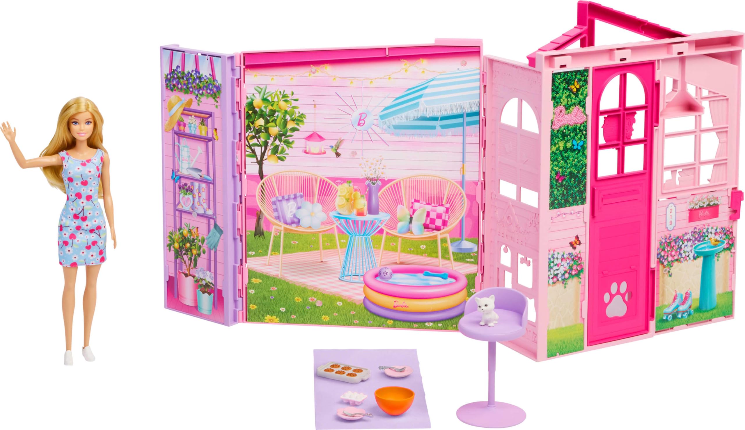 Barbie Domek na weekendowy wypad z lalką i akcesoriami | do „upieczenia” i figurka kotka, 4 obszary zabawy, łóżko piętrowe, zabawa z każdej strony, zabawka dla dzieci 3+, JMD28