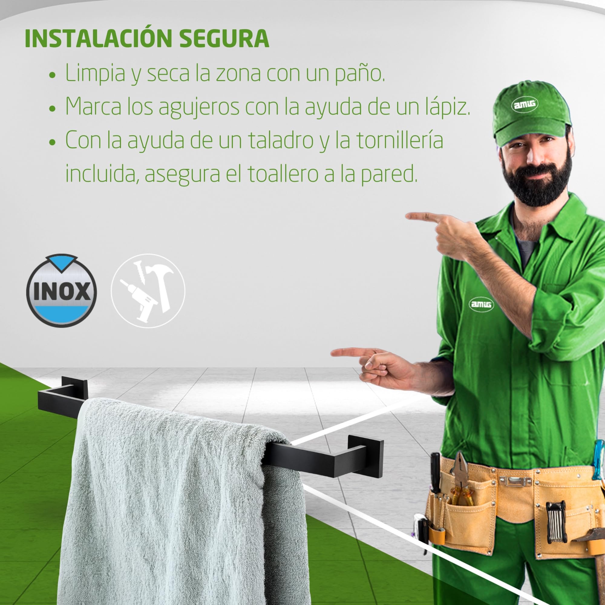 Amig - Toallero de baño Mod. Isla-1 - Soporte de Pared para Toallas con Tornillos incluidos - 600 x 80 x 55 mm - Acero Inoxidable - Negro Mate