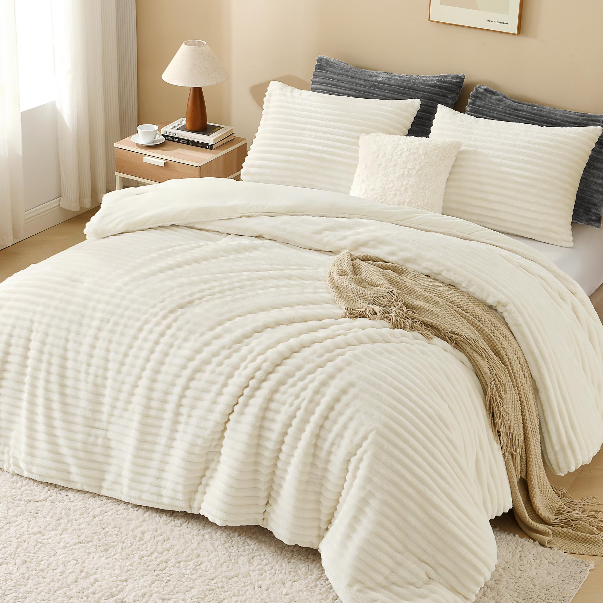 Andency Cream Fleece Faux Fur Comforter Set -6 Andency Cream Fleece Faux Fur Comforter Set -6