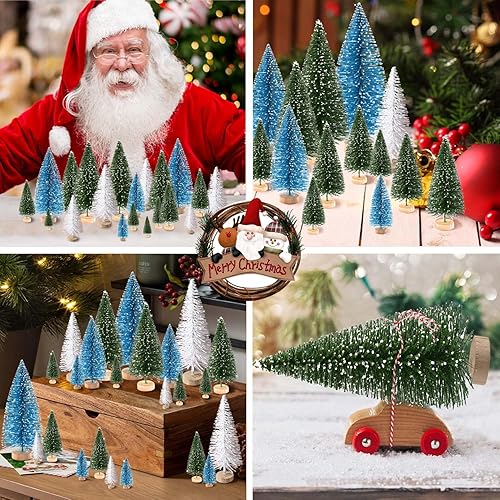 Miniatura 7 de 30 piezas de mini árboles de Navidad artificiales para árbol de Navidad, árboles de cepillo con base de madera para decoración de Navidad, fiesta de