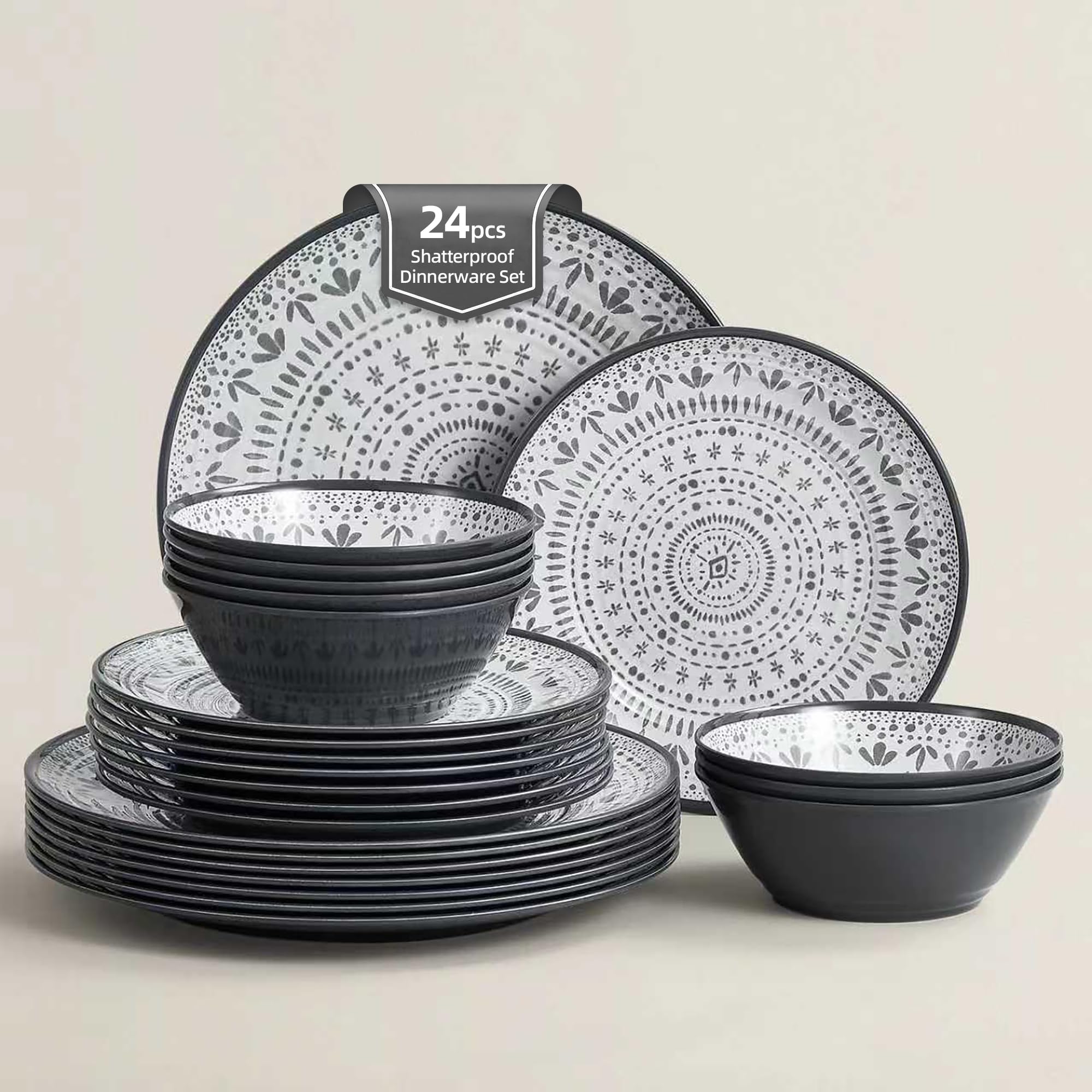 24PCS Bohemia Gray Melamine Plastic Dinnerware Sets for 8,Outdoor Plates and Bowls Sets for 8 (Gray)