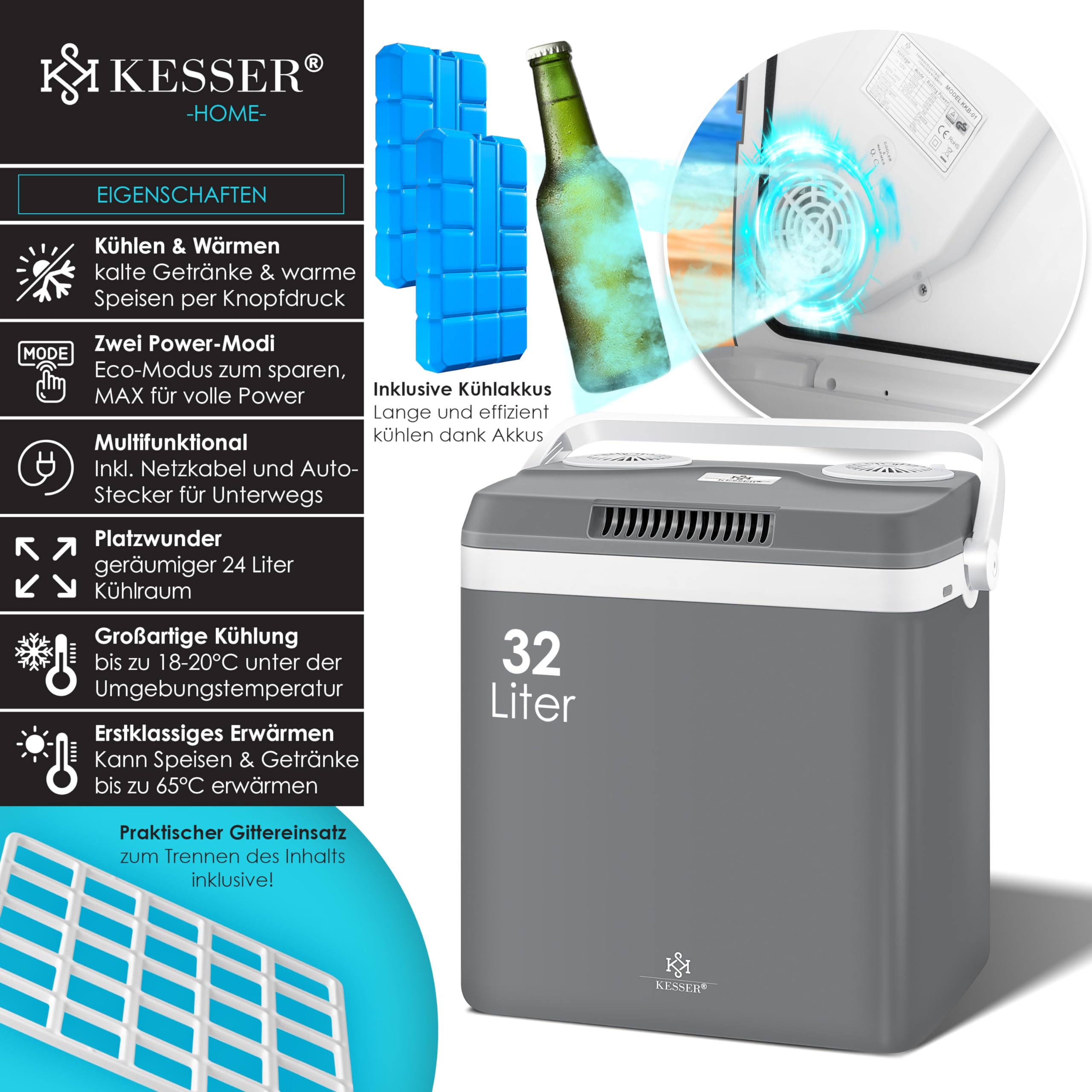 KESSER® Frigorifero 32 Litri | Raffreddamento e Riscaldamento | Frigorifero termoelettrico 12 Volt e 230 Volt | Minifrigo | per Auto e Campeggio |incl. Pacchetti di raffreddamento | EEK A++