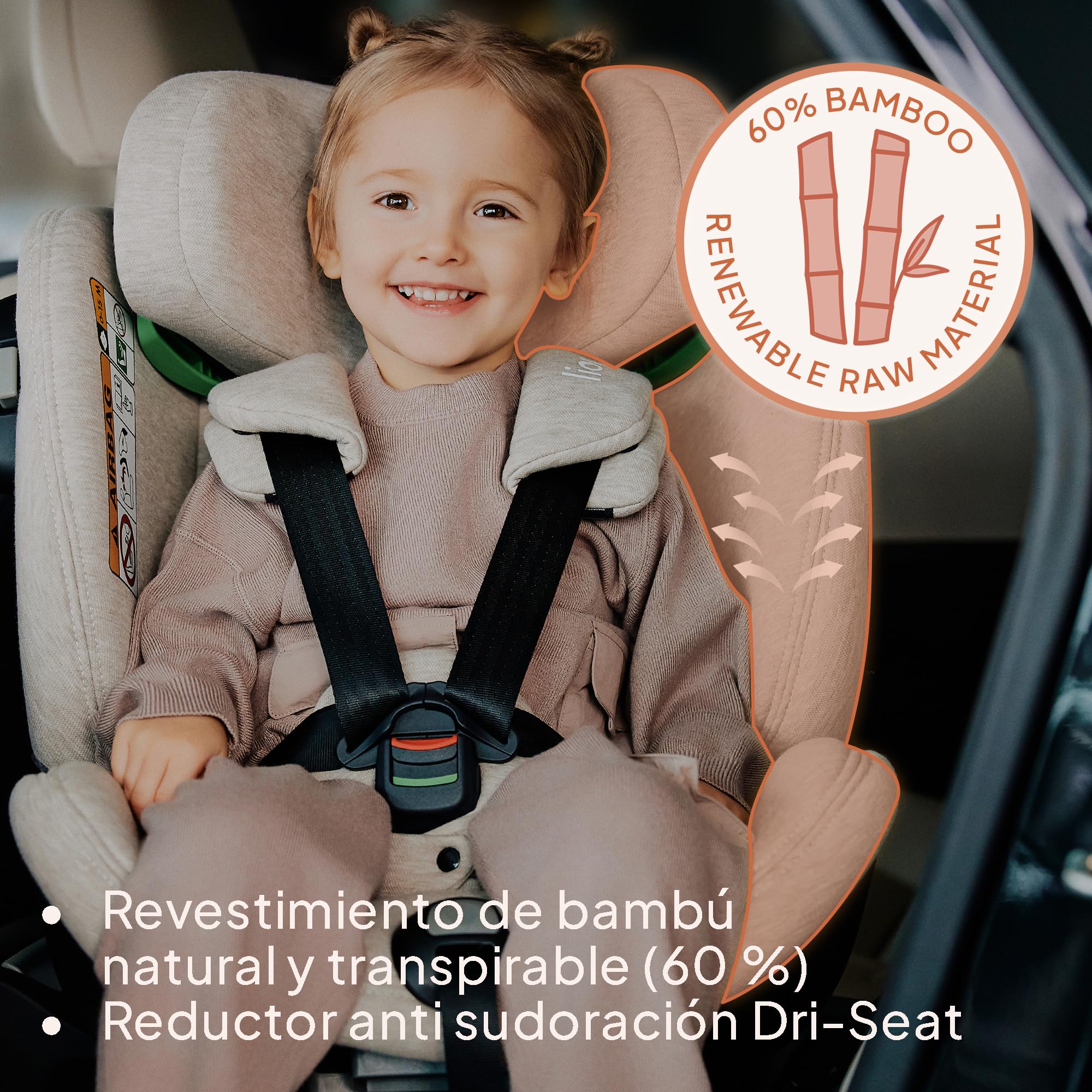 LIONELO HARMONY I-SIZE Silla Coche Bebé Giratoria 360o para Niños 40-150 CM, Fijación ISOFIX+Pata de Estabilización, Reposacabezas y Respaldo Ajustables, Reductor Dri-Seat (GRAPHITE LEATHER)