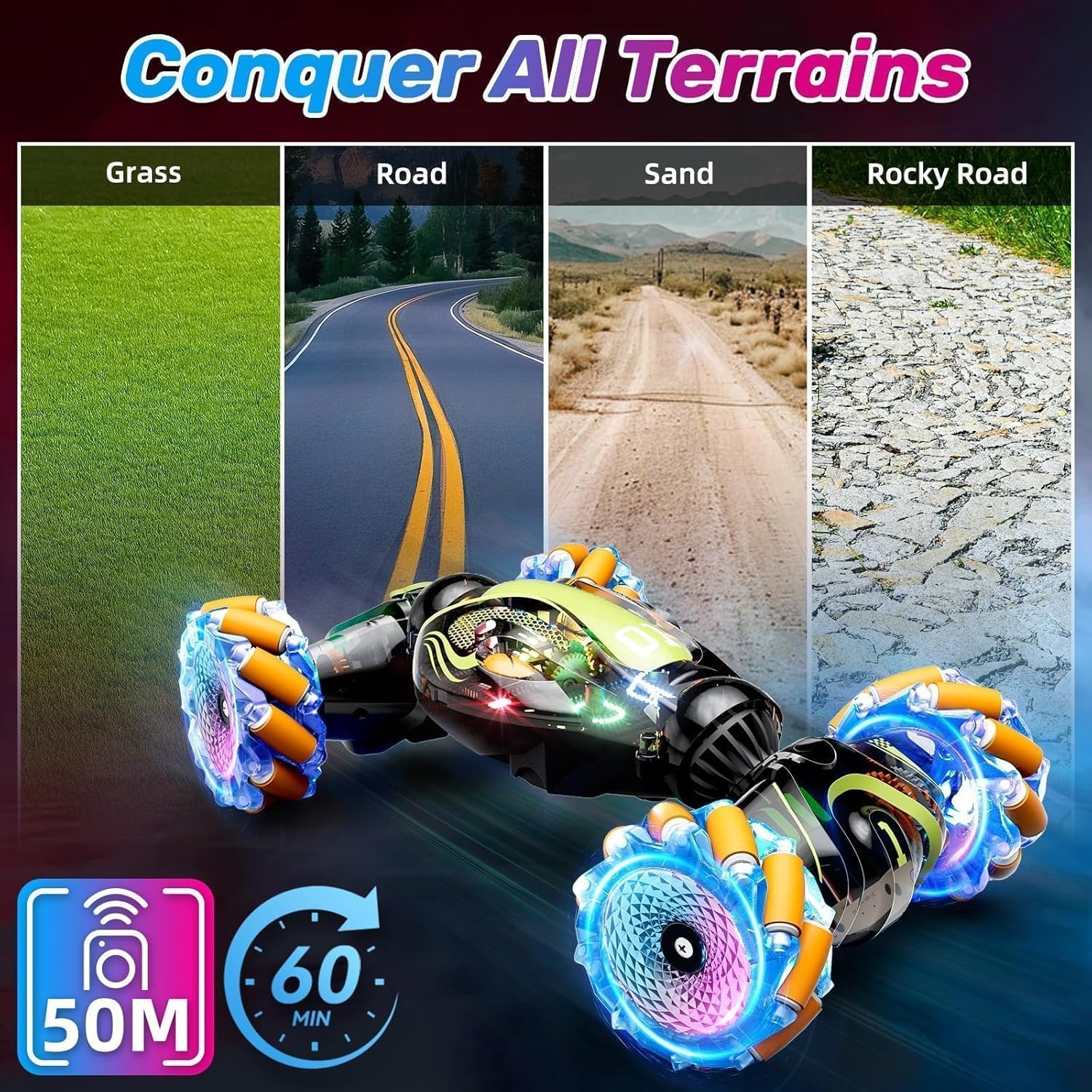 Gigilli Gesture Sensing RC Stunt Car with Spray Music Lights Remote Control Car Boys Toys Age 5-7 6-8 9 10 11 12 Birthday Gifts Boys for Kids Grandkids Ages 4 7 13 Years Old 4WD Twist Drift