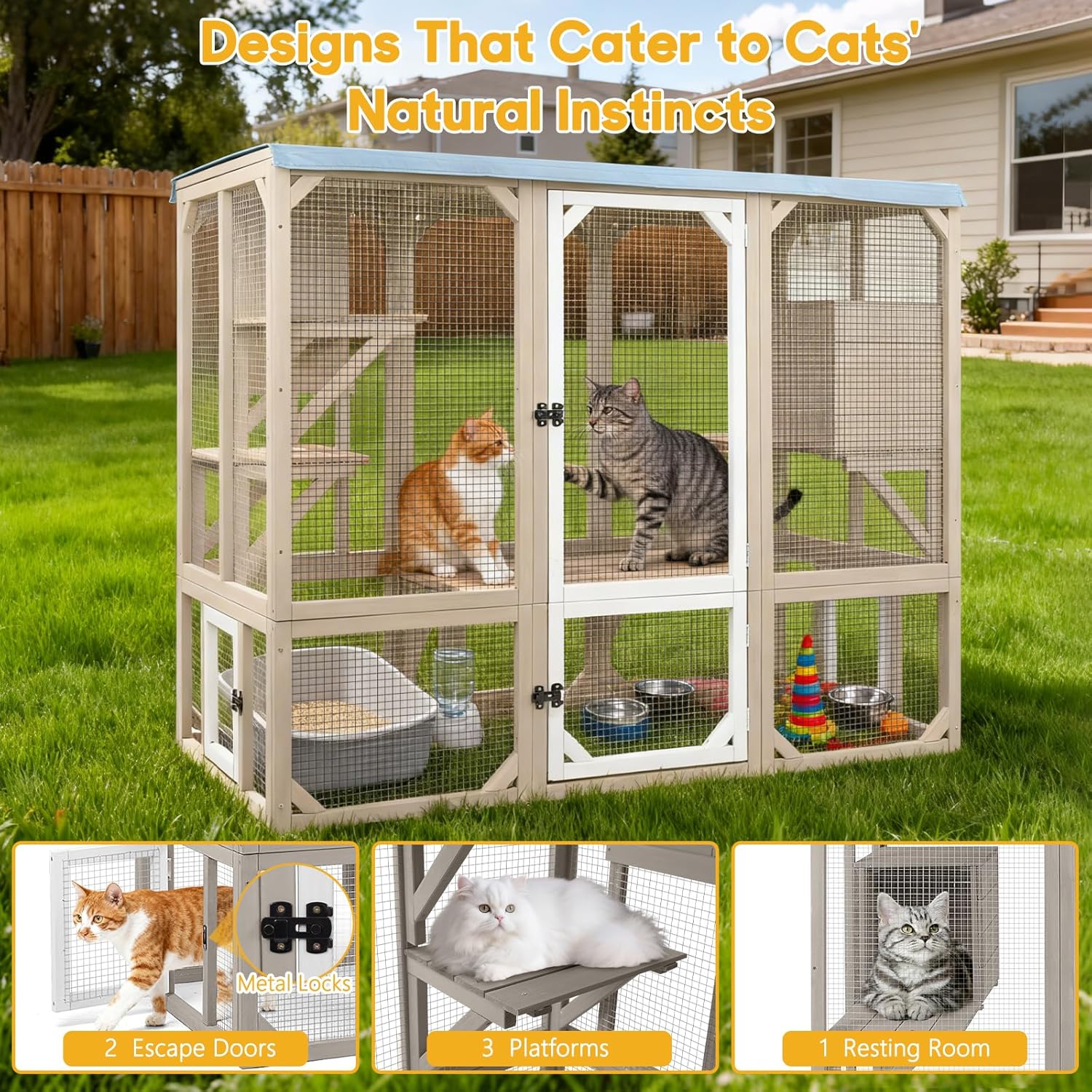 Large Outdoor Cat Enclosure Catio, Multi-Level Cat House with Platforms & Cat Door, Indoor Outdoor Cat Run, Weatherproof Wooden Cat Cage for Patio Backyard Multi Cats