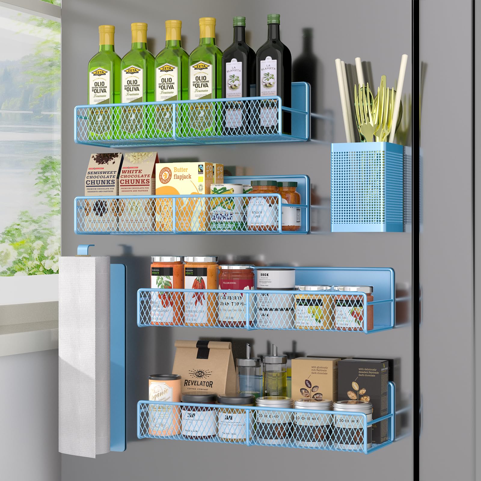 Magnetic Spice Rack for Refrigerator, 6 Pack 100% Metal Strong Magnet Shelf, Space Saving Spice Organizer, Home Kitchen Laundry Room Storage Organization W/Paper Towel Holder, Utensils Racks (Blue)