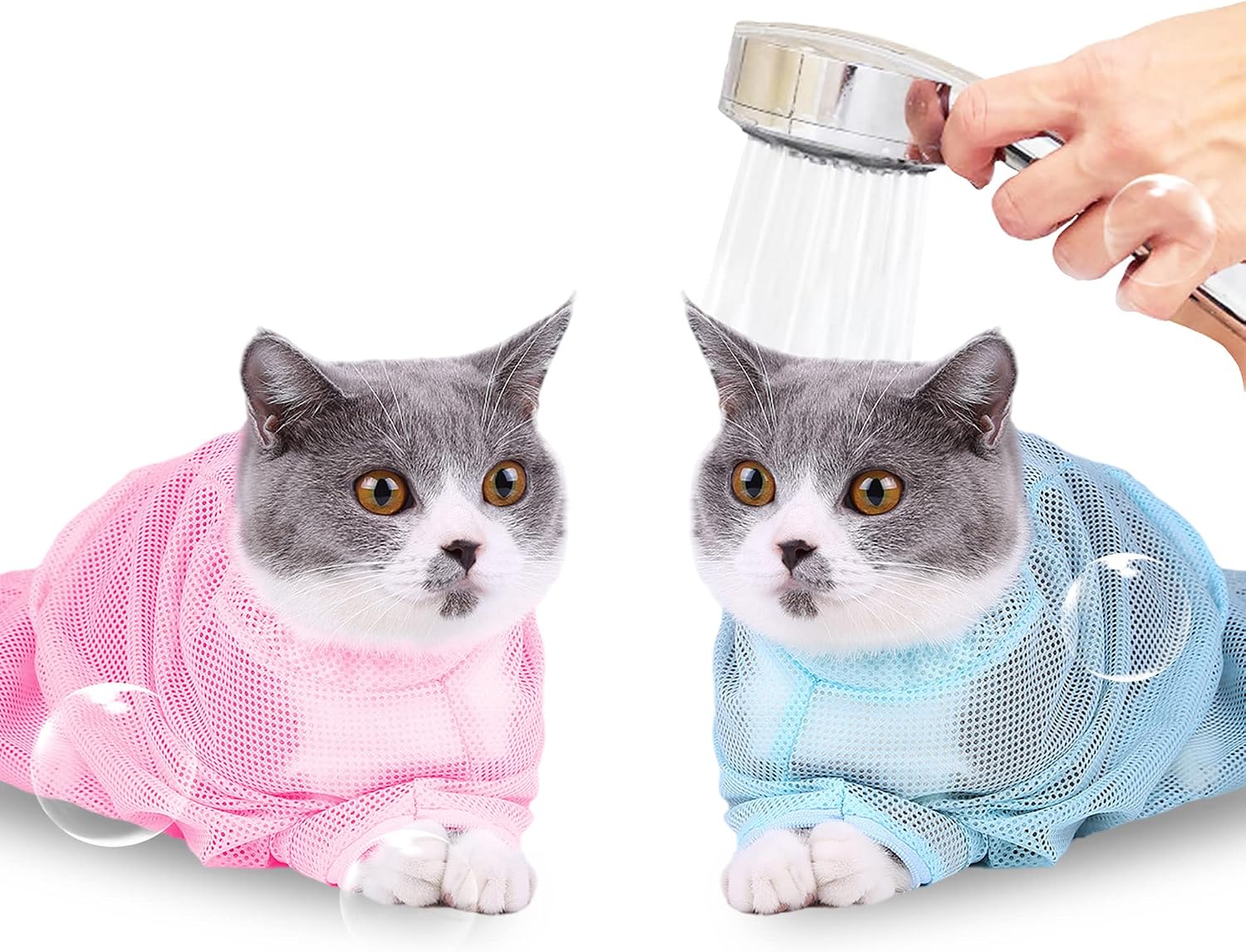 Faith Force 2 Pack Cat Bathing Bag Grooming Shower Mesh Bag Adjustable Multifunctional Breathable Polyester Anti-Bite Anti-Scratch Cat restraint Bag for Nail Trim/Examining/Ear Clean (2Pack Blue&Pink)