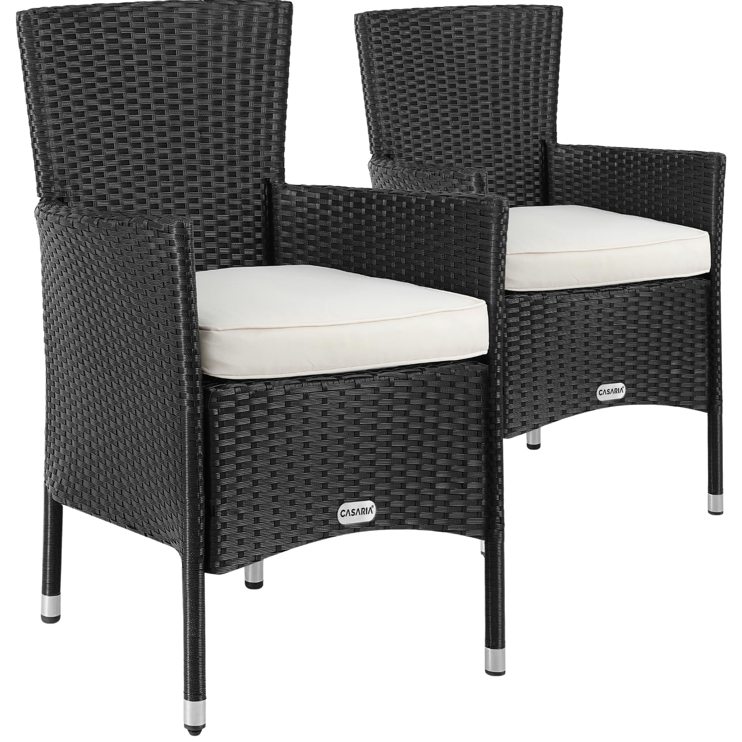 CASARIAยฎ Set of 2 Polyrattan Garden Chairs | Stackable | Weatherproof | High Back Armchairs with 7cm Padded Seat Cushions | 160kg Load Capacity | Outdoor Garden Patio Balcony Furniture | Black