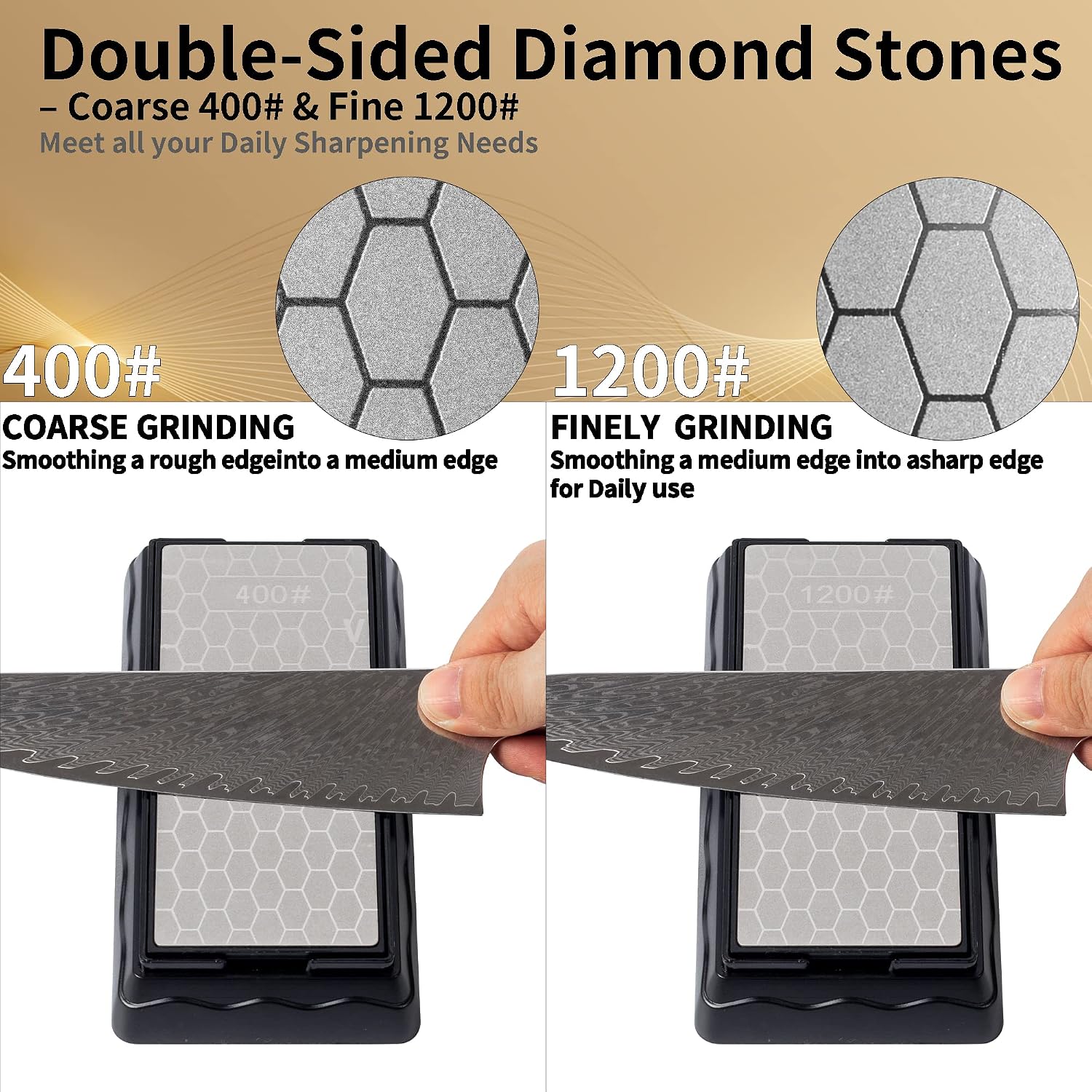 Double-Sided Diamond Knife Sharpening Stone, CWOVRS Diamond Sharpening Plate Honeycomb Surface Plate with Non-Slip Base for Scissors Knives Outdoor Kitchen Sharpen Tools Coarse 400# / Extra Fine 1200#