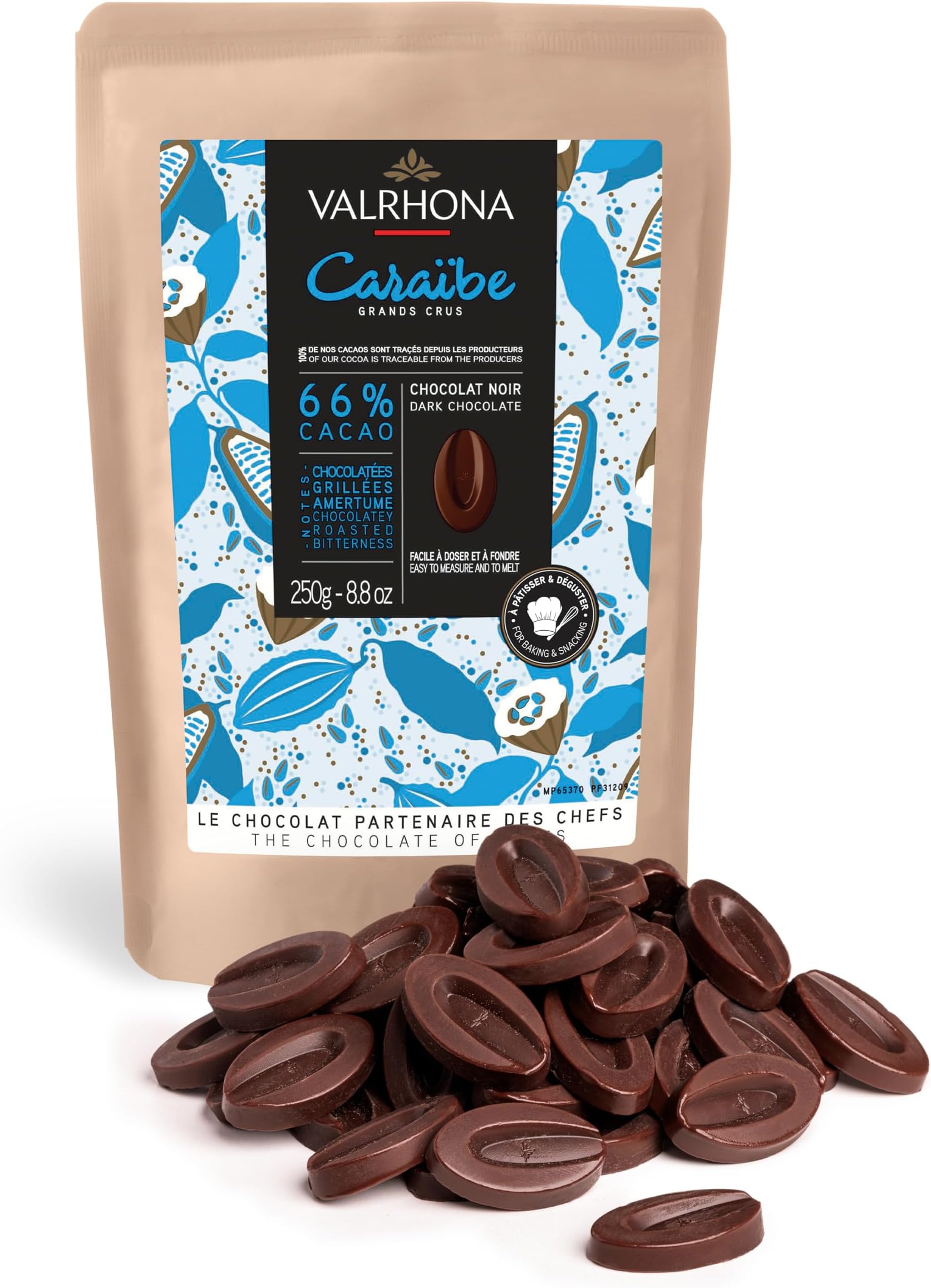 Valrhona Dark French Chocolate Discs for Baking (Feves) Candies 250g (Pack of 1) (CARAIBE 66%)