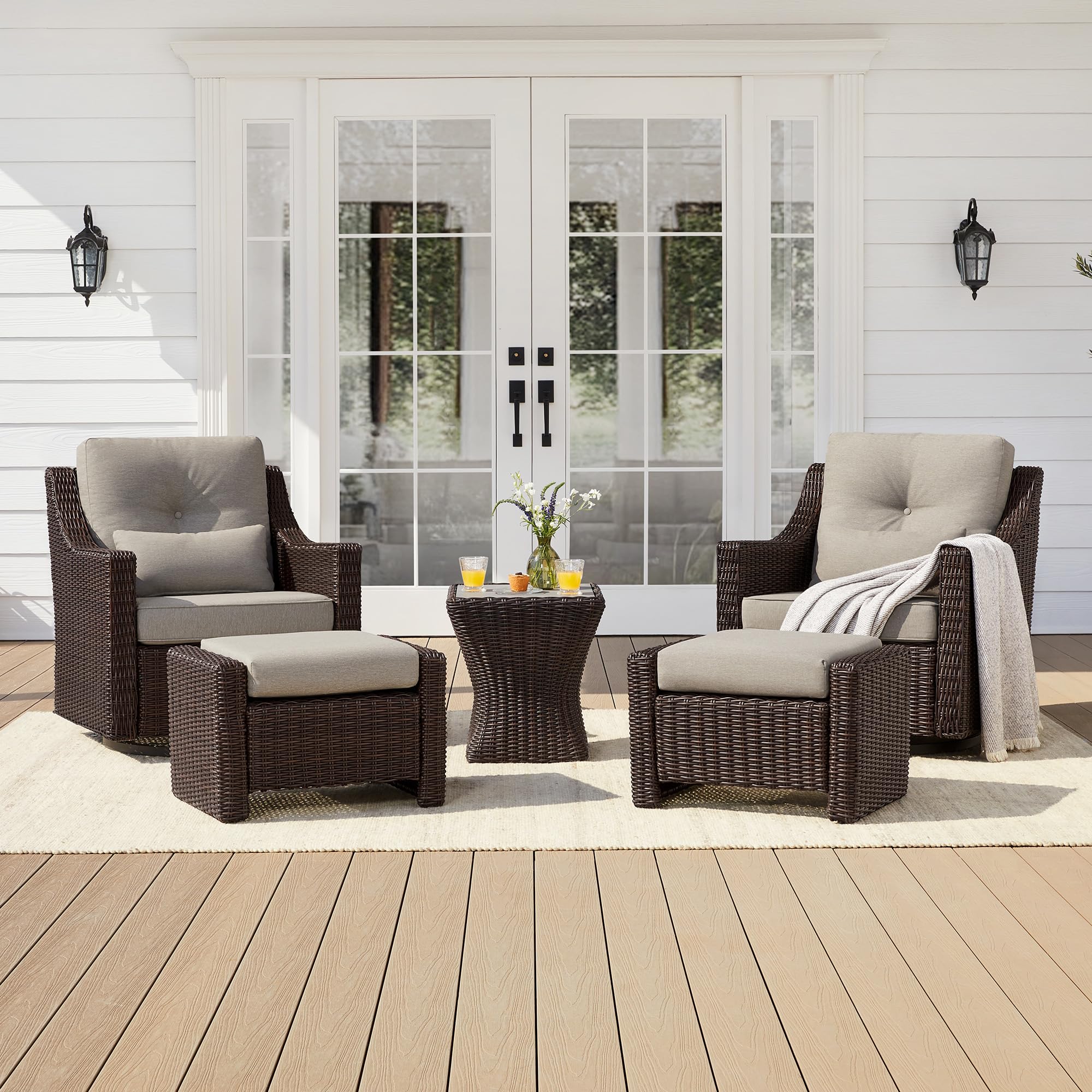 CHITA 5 Pieces Swivel Wicker Patio Furniture Set, Outdoor Conversation Set with 2 Pieces Rattan Rocking Swivel Chairs, 2 Pieces Ottomans, Thickened