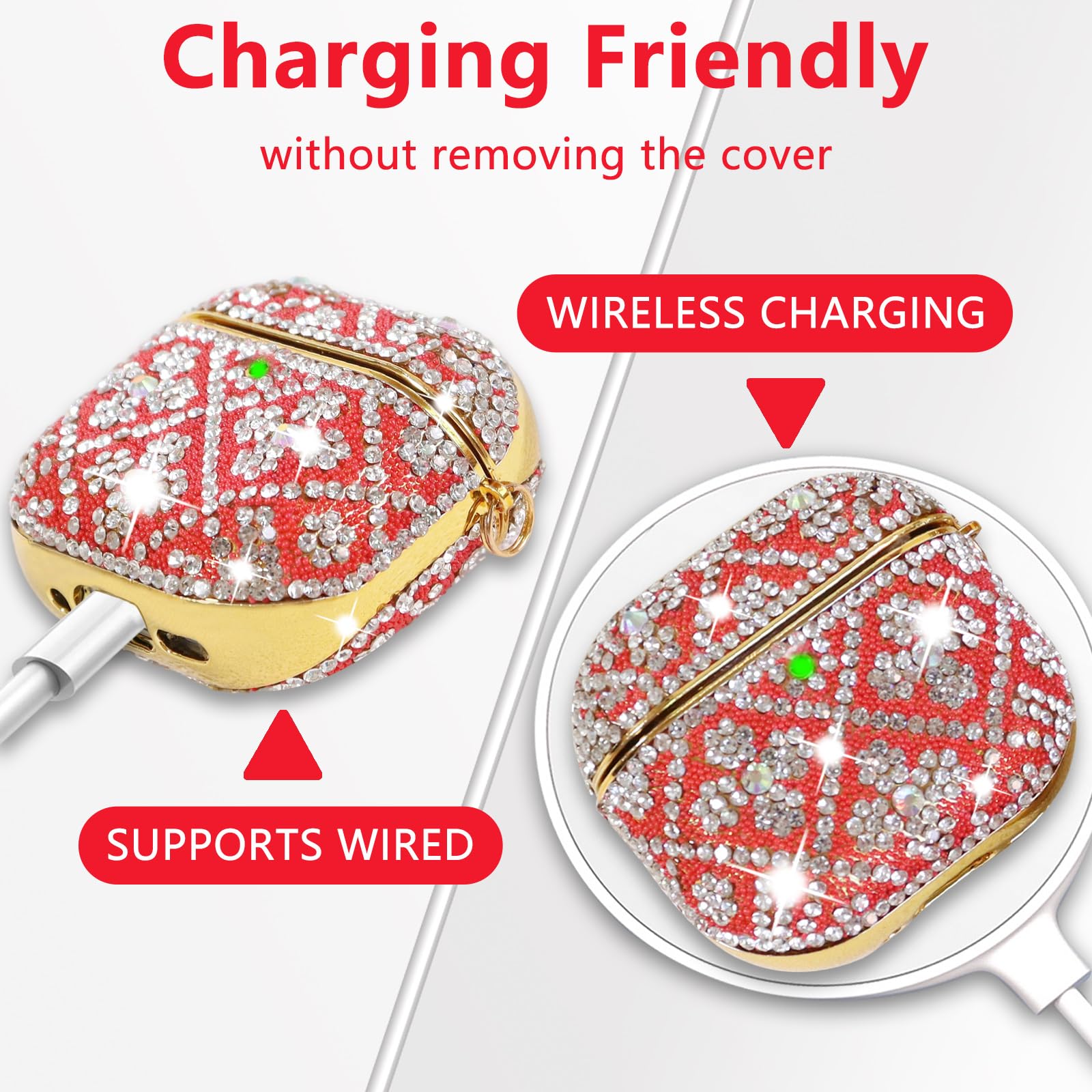 Funda compatible con AirPods 4 (2024), funda protectora con diamantes de imitación para AirPods de 4ª generación con bonito llavero brillante para mujeres y niñas (rojo)