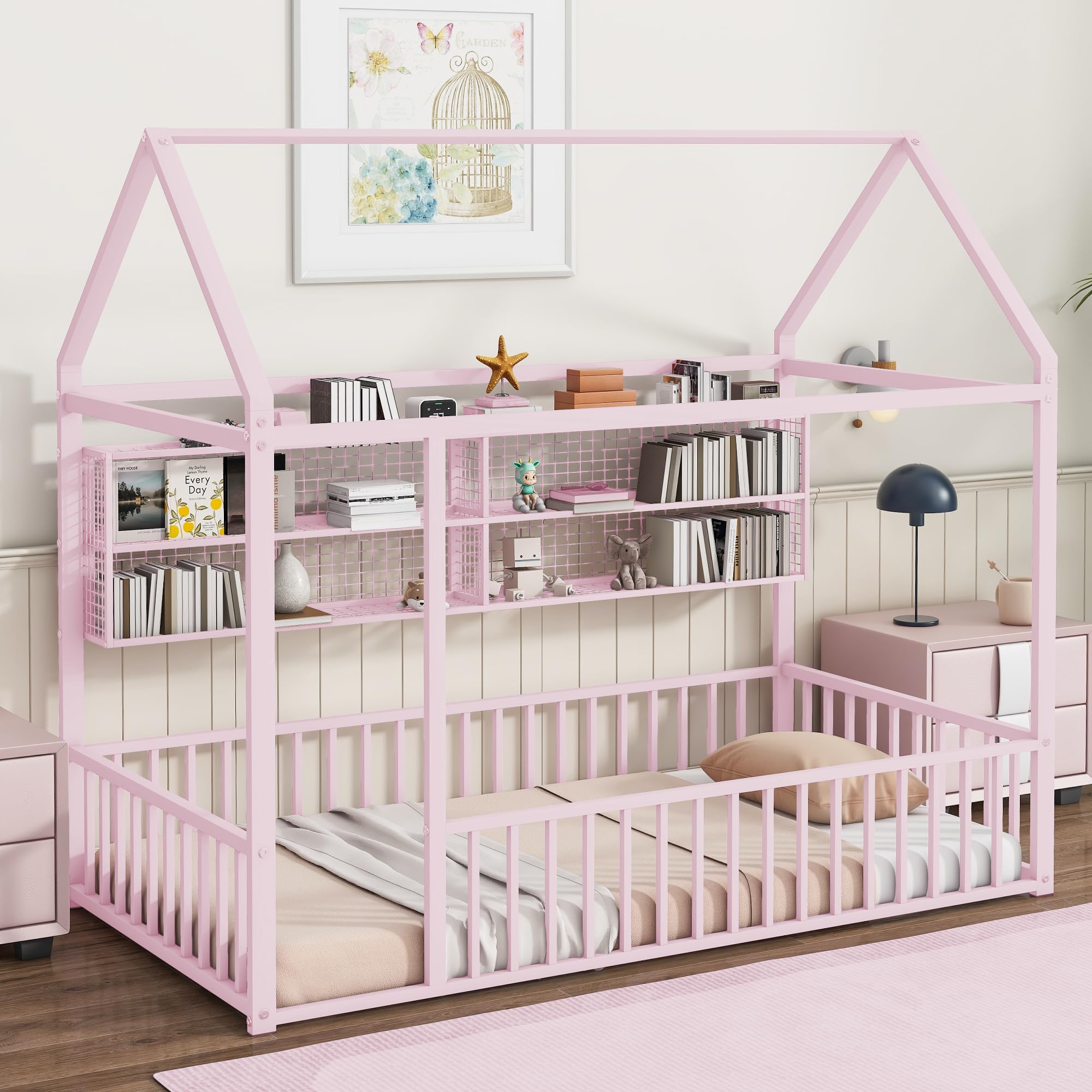 Brabrety Twin Size Metal House Bed Frame with Fence and Shelves,for Kids Toddlers Boys Girls Teen Bedroom Use (Pink@Fence, Twin)