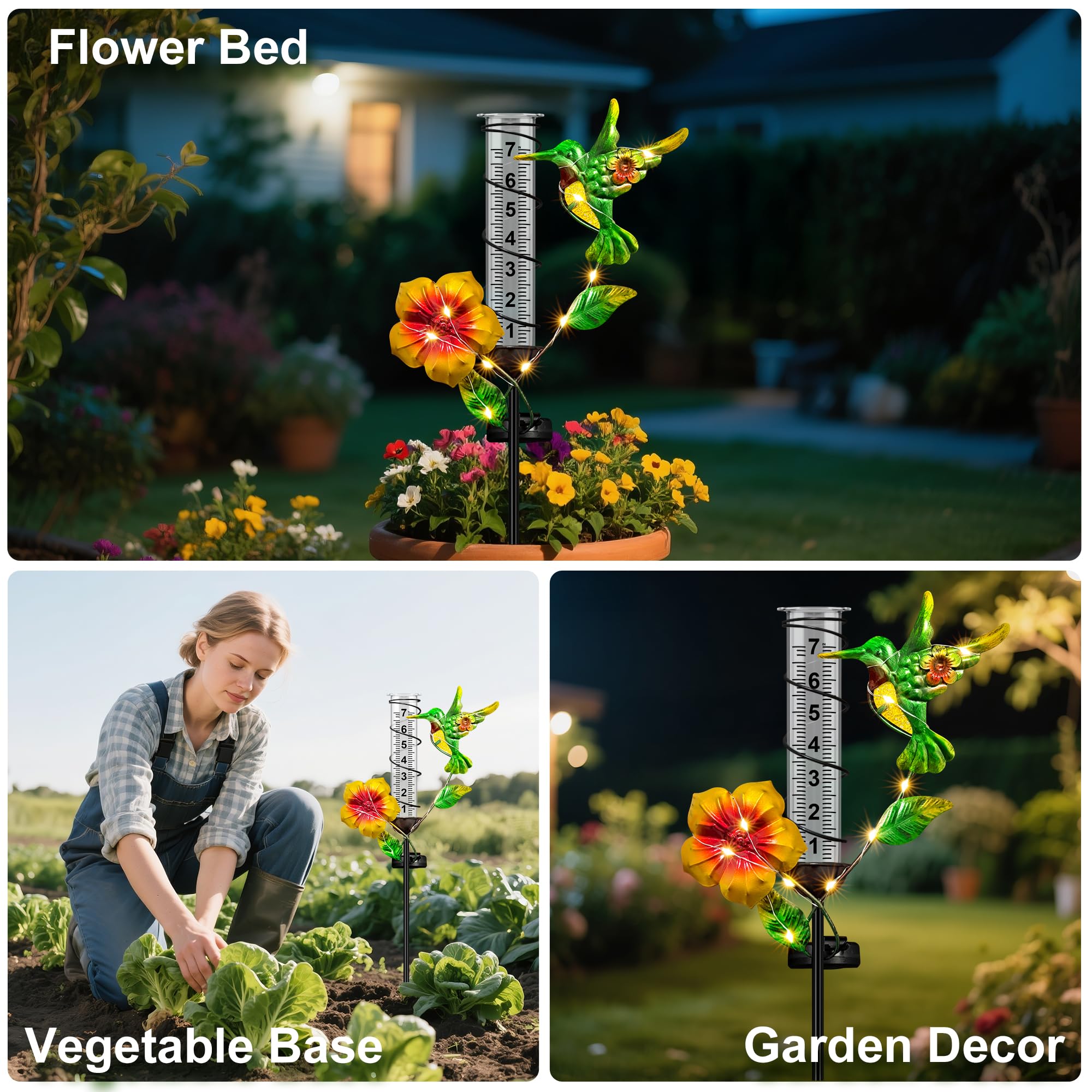 Pluviometro per esterni, con colibrì, con luci solari a LED, antigelo, regolabile in altezza, manometro in metallo per decorazione da giardino