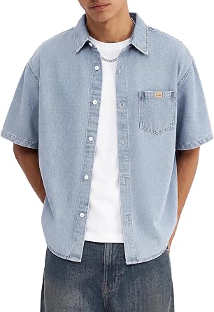 Short Sleeve Denim Shirt Men Oversized Boxy Fit Vintage Washed Drop Shoulder Button Down Overshirt with Chest Pocket