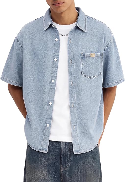 Short Sleeve Denim Shirt Men Oversized Boxy Fit Vintage Washed Drop Shoulder Button Down Overshirt With Chest Pocket
