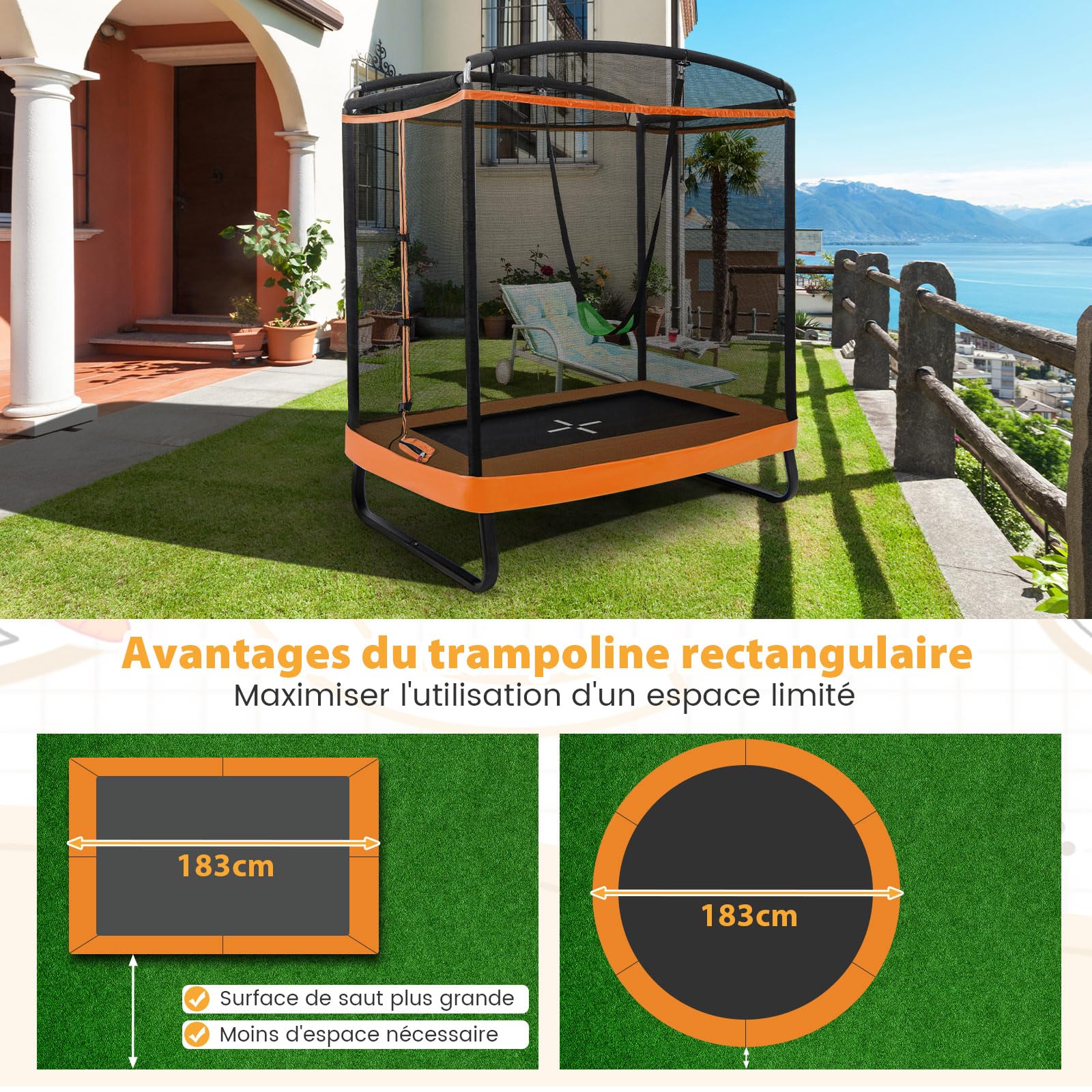 COSTWAY 2 en 1 Trampoline Extérieur Enfants Rectangulair (190x122cm) avec Balançoire Amovible, Trampoline de Jardin avec Filet de Sécurité, Charge Max 100kg pour Garçon et Fille de 3 Ans+