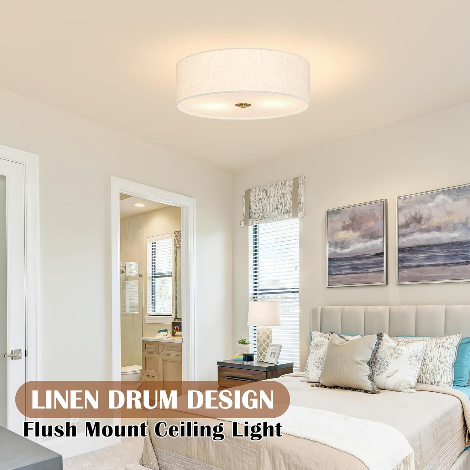Bagood 12.6 Inch Flush Mount Ceiling Light 2-Light Drum Modern Gold Light Fixture Ceiling Light Fixture Close to Ceiling Light Fixture with Fabric Shade for Living Room Hallway Kitchen Bedroom