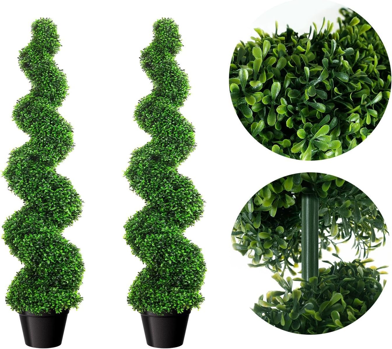 Outdoor & Indoor Artificial Topiary Trees, 3ft Spiral Boxwood Set of 2 in Plastic Pot, UV Resistant Low Maintenance Fake Shrubs