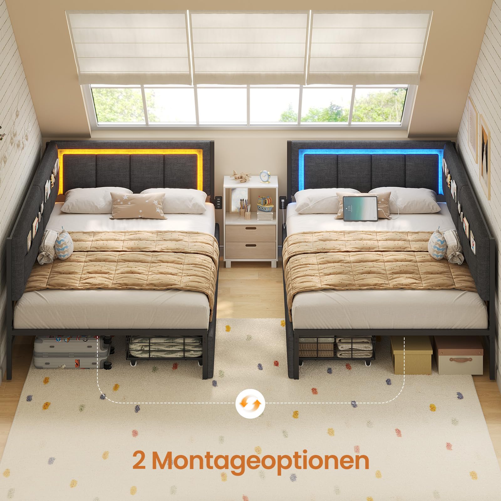 KIMENICH Polsterbett Schlafsofa 90x200 mit LED-Beleuchtung, 6 Stoffbeutel, Ladestation, Tagesbett, Jugendbett mit 2 Schubladen und Lattenrost aus Metall, Gepolstertes Kopfteil, Grau