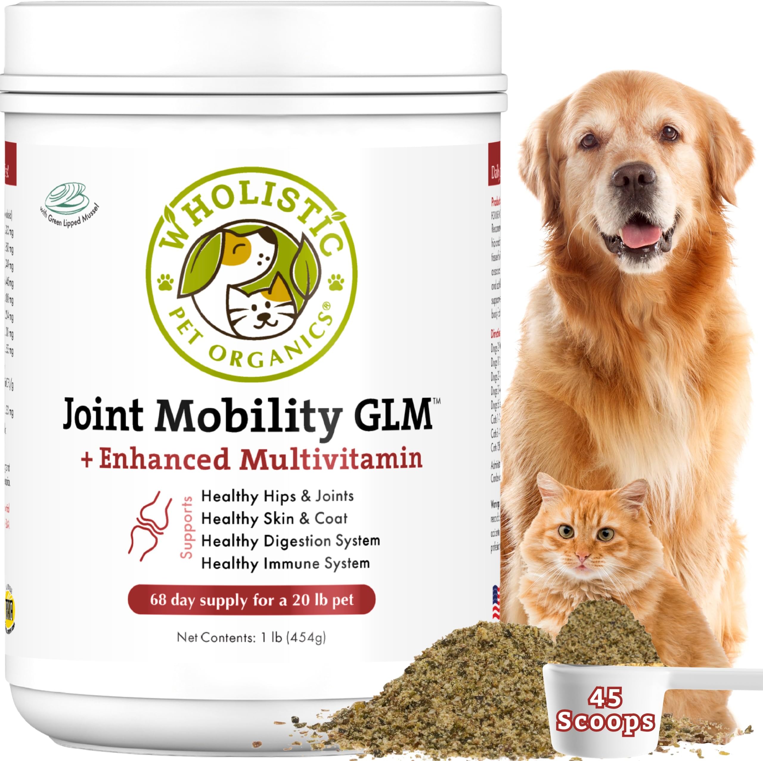 Hip and Joint Supplement for Dogs and Cats, 1 Lb, 45 Scoops | Green Lipped Mussels, MSM, Glucosamine for Dogs & Cats Mobility Support - All In One Joint Supplement with Multivitamins