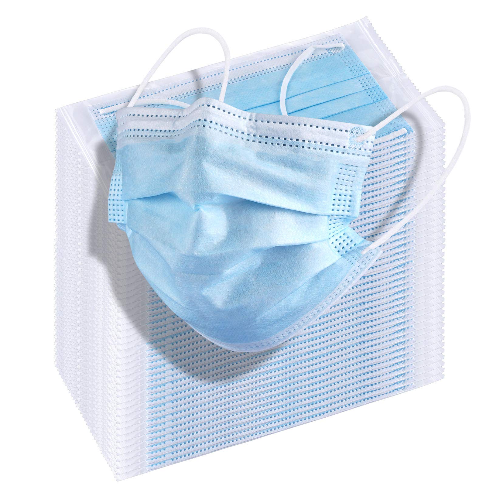 NUÜR 50pcs 3 Ply Disposable Face Mask with Elastic Earloop & Adjustable Noseclip, Dust-proof Face Mask for Daily Protection, Individual Sealed Wrap