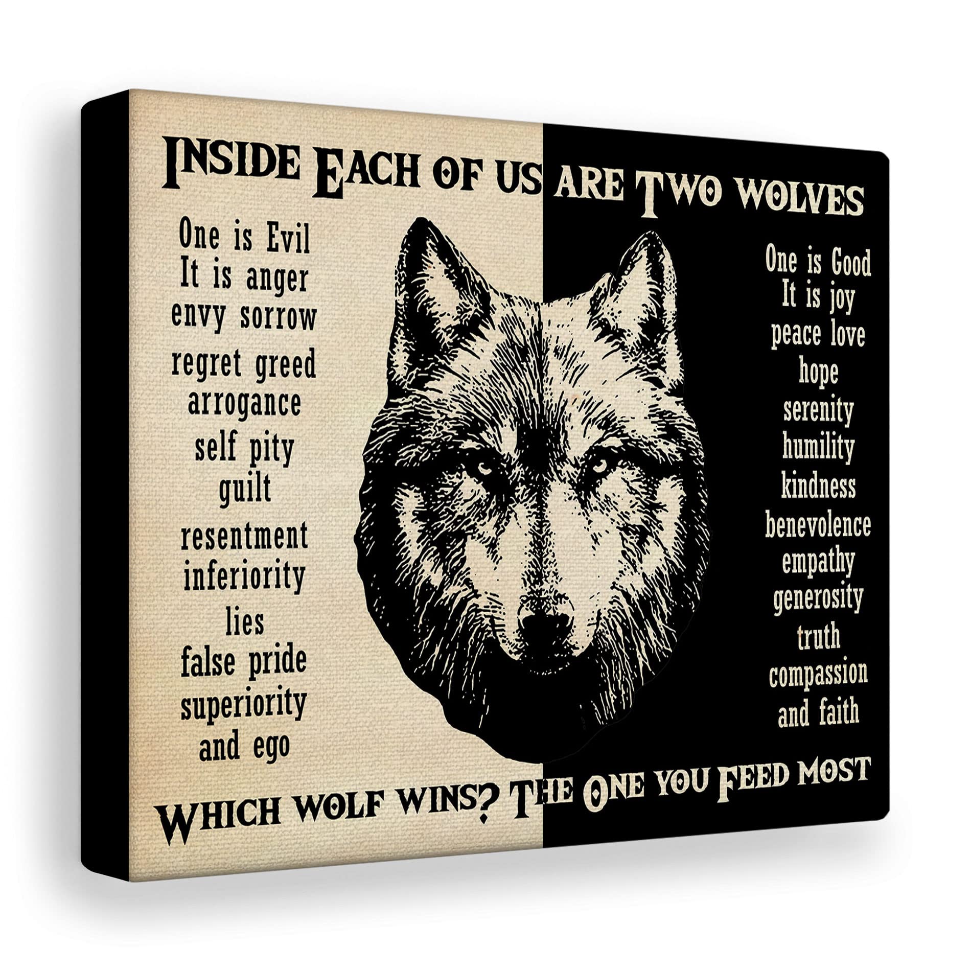 DTD GLOBALWolf Wall Print Inside Each for Us are Two The One You Feed Most Canvas Art Home Decor, Painting - Framed Gallery Wraps 1.25 inches in Full Size, White