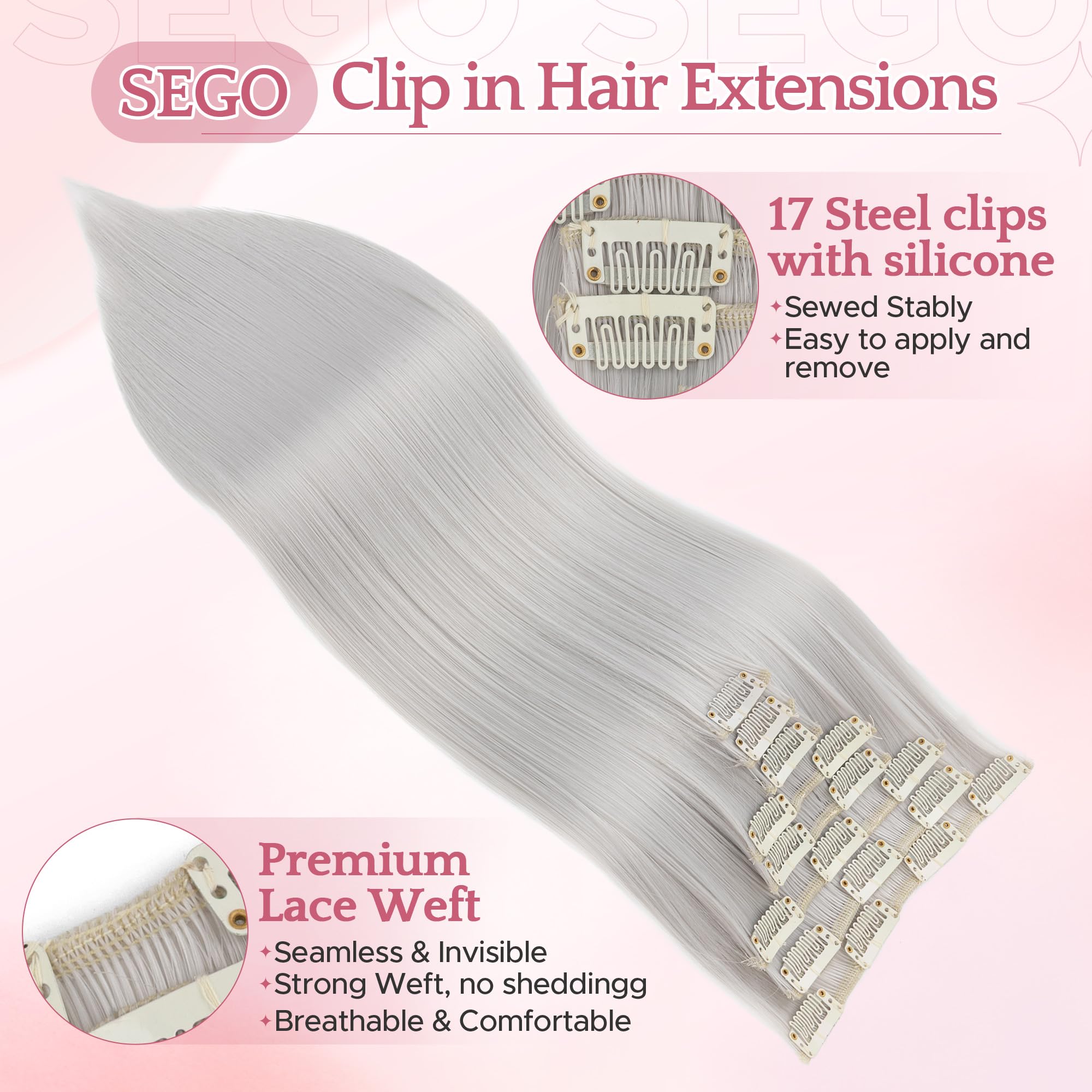 SEGO 26 Inch Thick Highlight Hair Piece 8PCS Long Straight Clip in Extensions Full Head 175g Synthetic Fiber Hairpieces For Women,Grey - Image 2