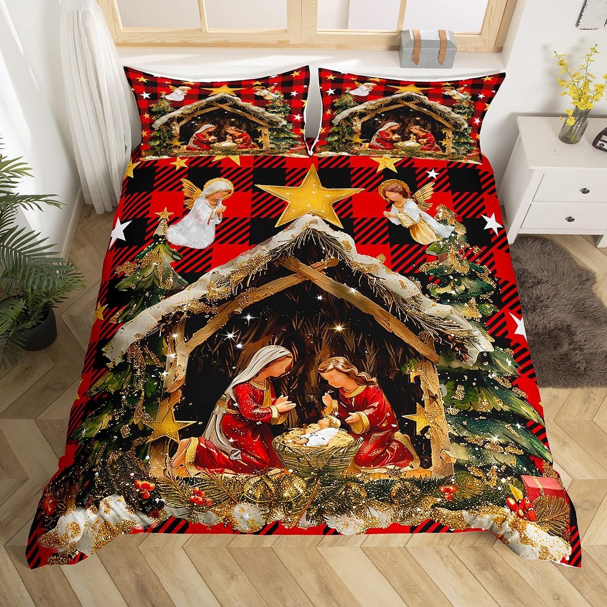 Erosebridal Christmas Decor Bedding Set New Year Night Nativity Scene Duvet Cover Twin, Christmas Tree Comforter Cover Rustic Buffalo Grid Bed Cover(No Cmforter)