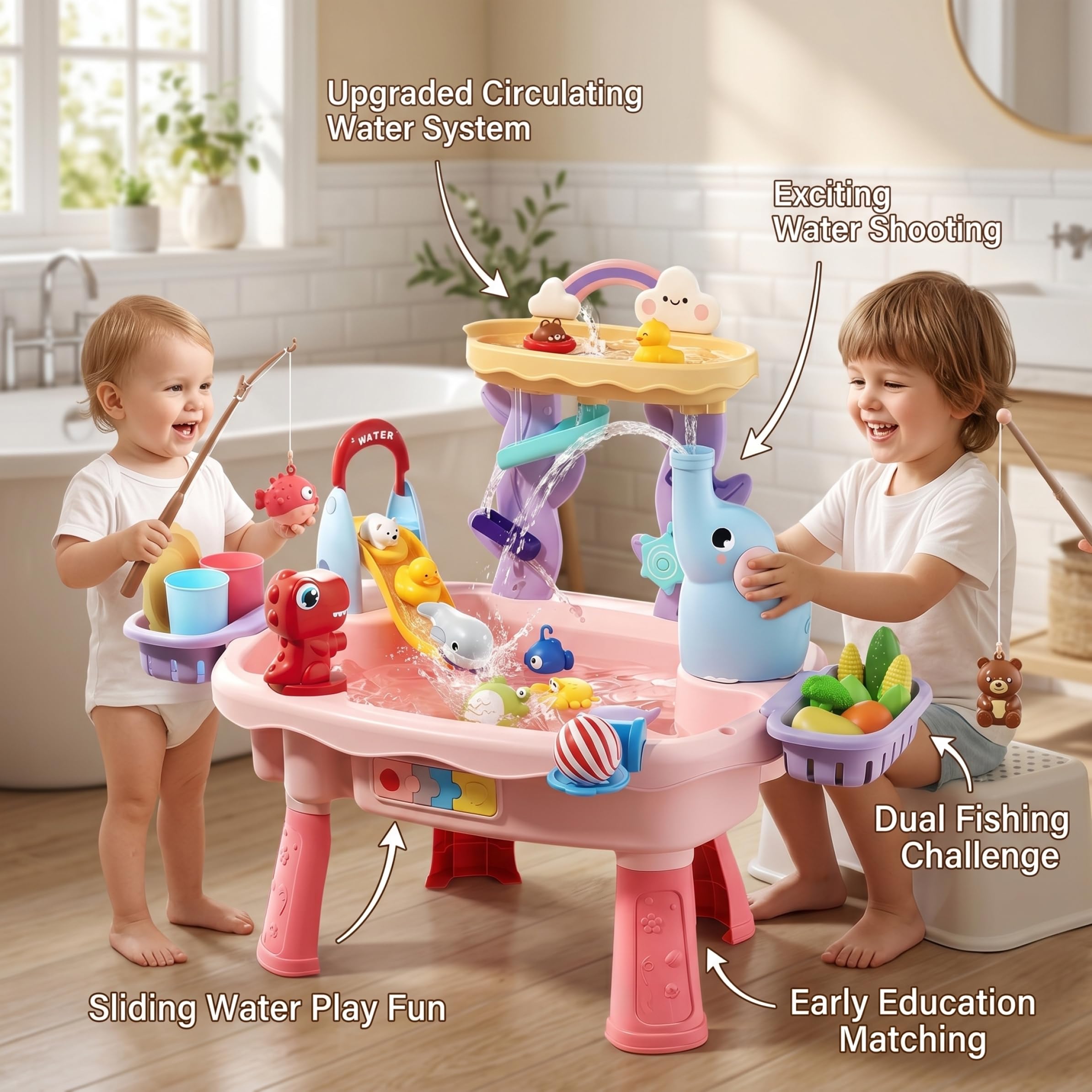 Table à Eau pour Enfants, Table de Jeu d'eau pour Les Tout-Petits, Jouets de Sable Double Couche 6 en 1 avec système recirculation, Jeux Toboggan et pêche, Jouet sensoriel pour enf