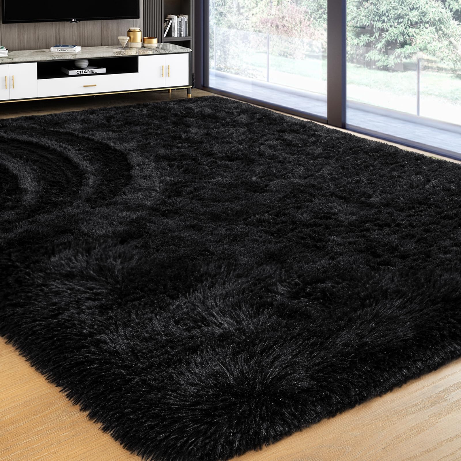 Softlife Black Area Rug for Bedroom, Fluffy Shag Plush Rugs for Living Room Girls, Shaggy Throw Soft Fuzzy Small Kids Carpet for Dorm Bedside Ultra