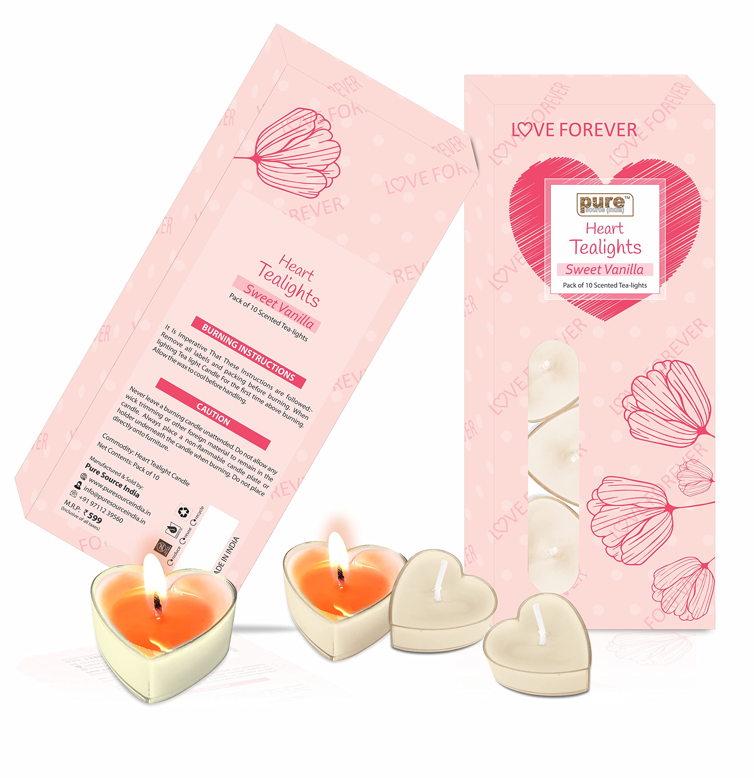 Pure Source India Heart Shape Scented Tealight Candle Pack of 10 || Fragranced Candles in Transparent Cup || Burn Time 2.5 to 3 Hours Each Candle, (Sweet Vanilla)