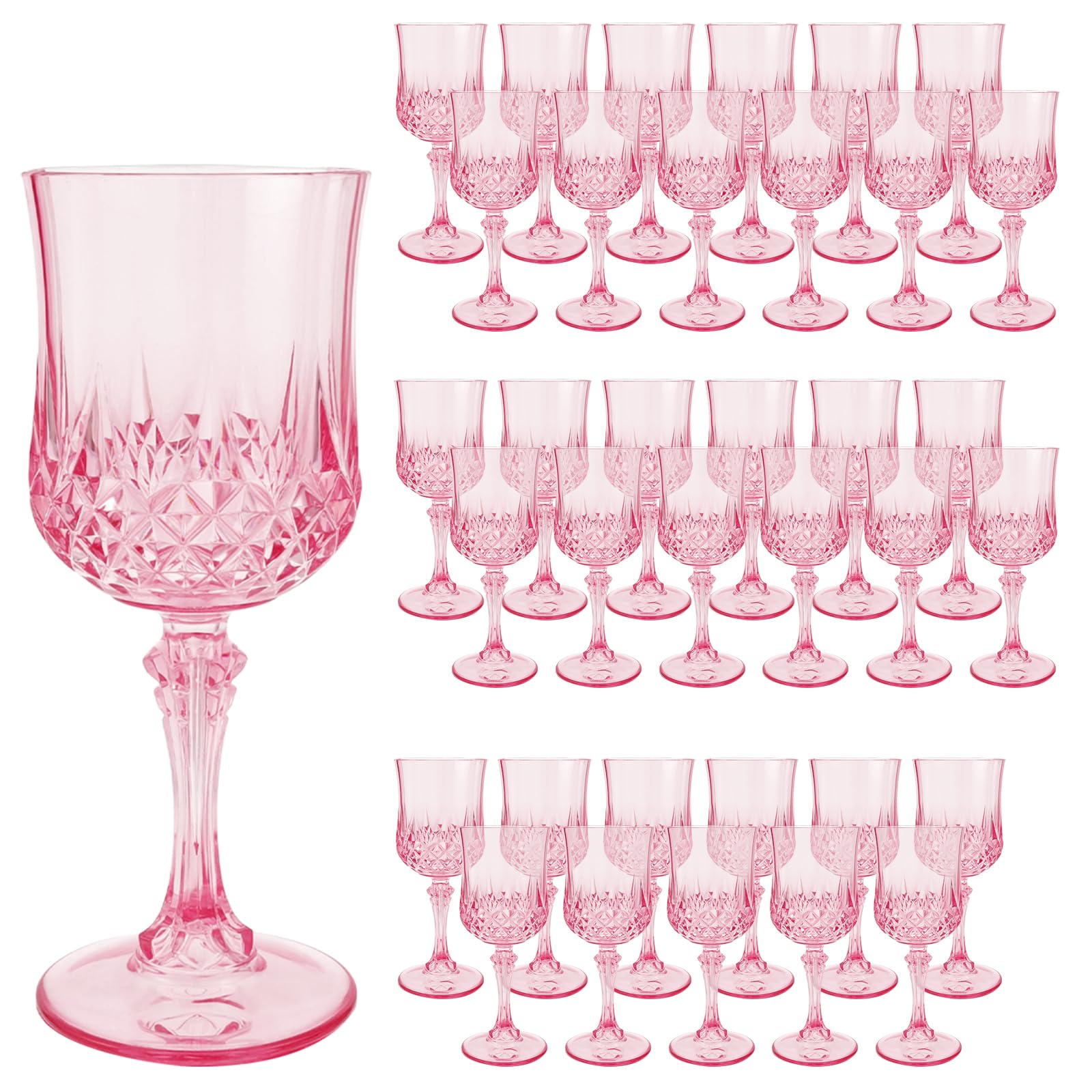 Photo 1 of OKYMOTOR 36PCS Plastic Wine Glasses Pink, 3.09oz Reusable and Sturdy Wine Glasses, White Goblet Glass, Glasses Cups for Wedding Celebration Birthday Party Wine Tasting New Years Eve Party Supplies