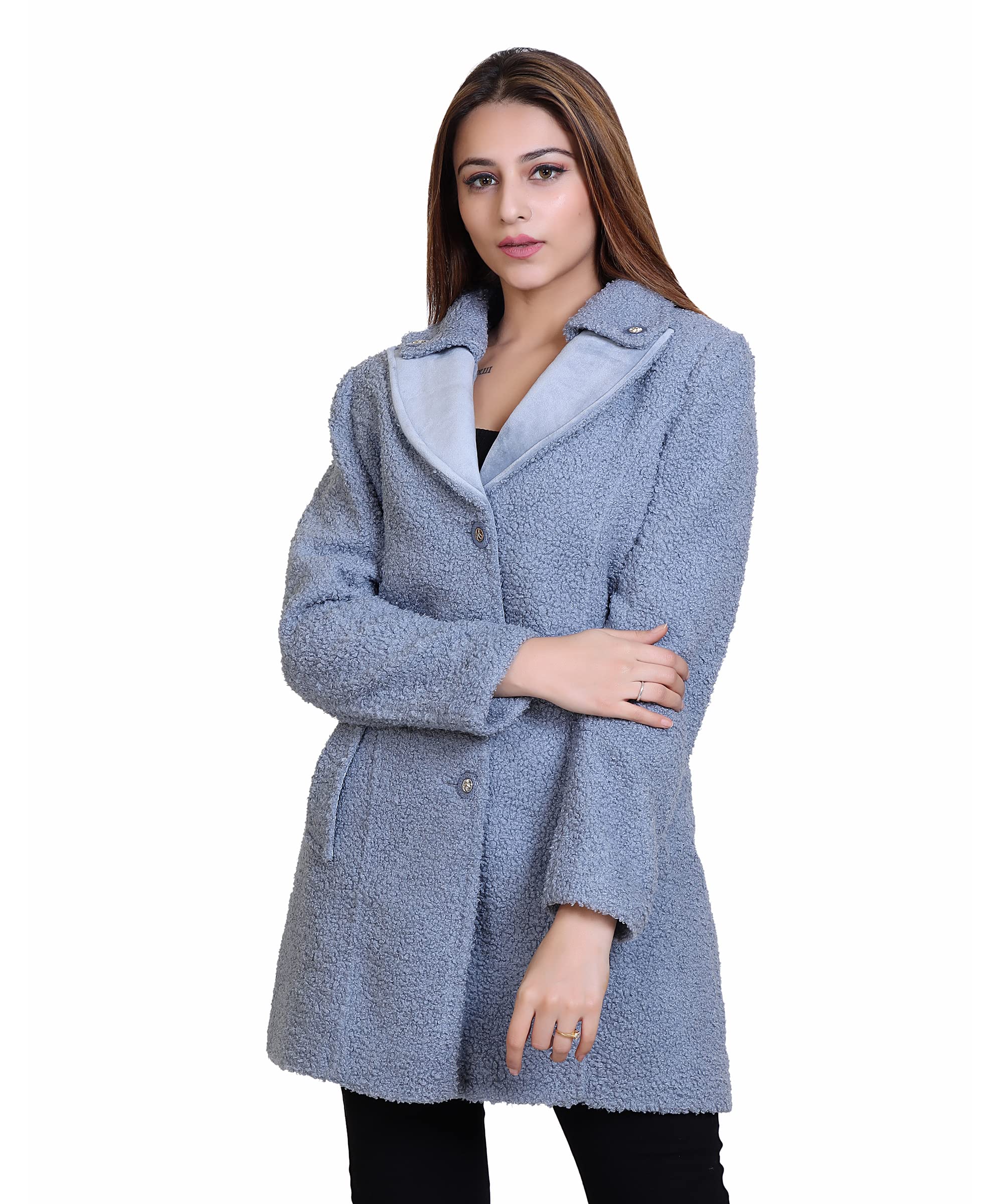 comfy sparrow Women Solid Overcoat with Designer Notched Lapel Collar-picture-34