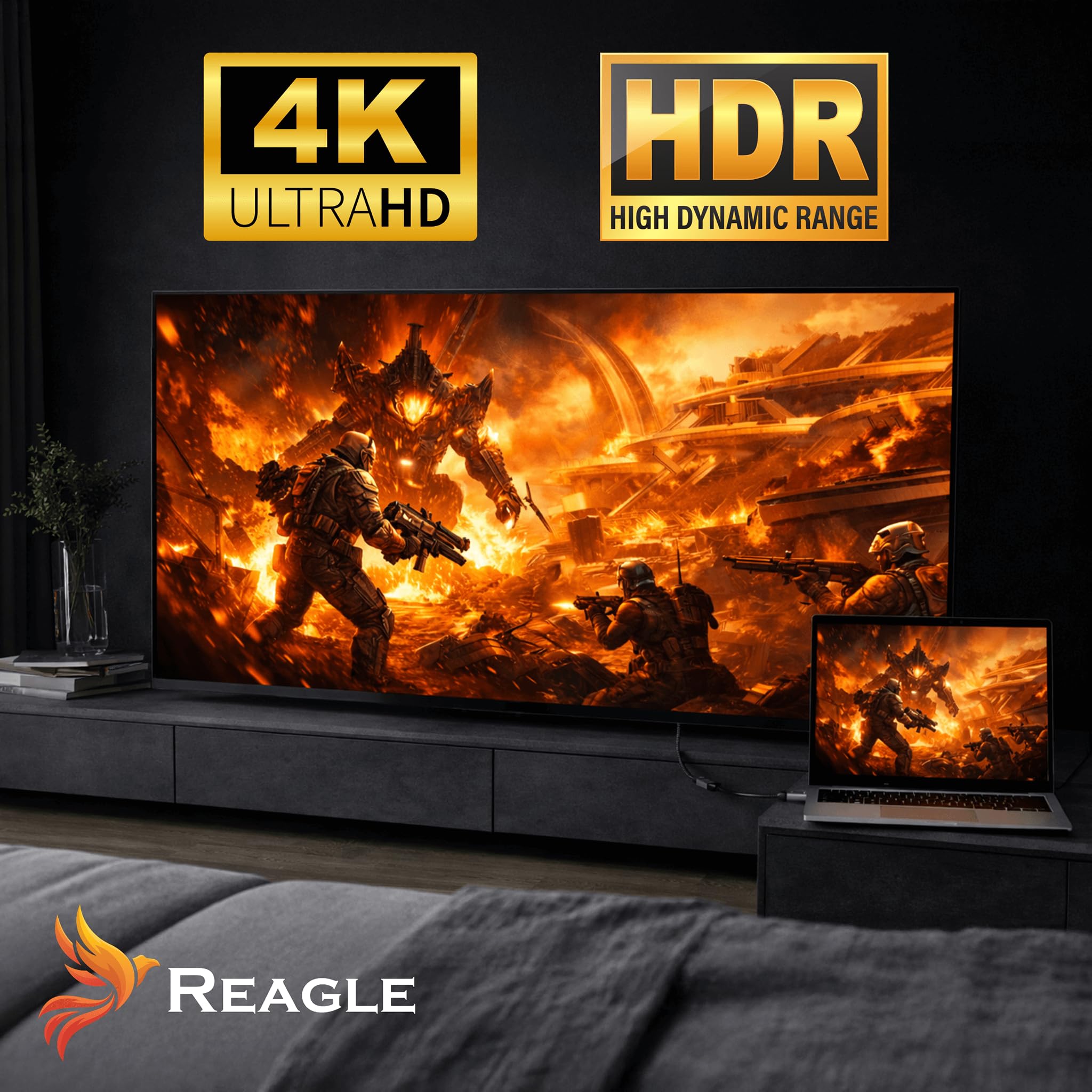 Reagle Adapter DisplayPort Do HDMI 2.0 4K 60Hz HDR – Kabel DP Do HDMI Full HD 240Hz, Adapter Monitor TV Projektor, Plug & Play, Pozłacane Złącza