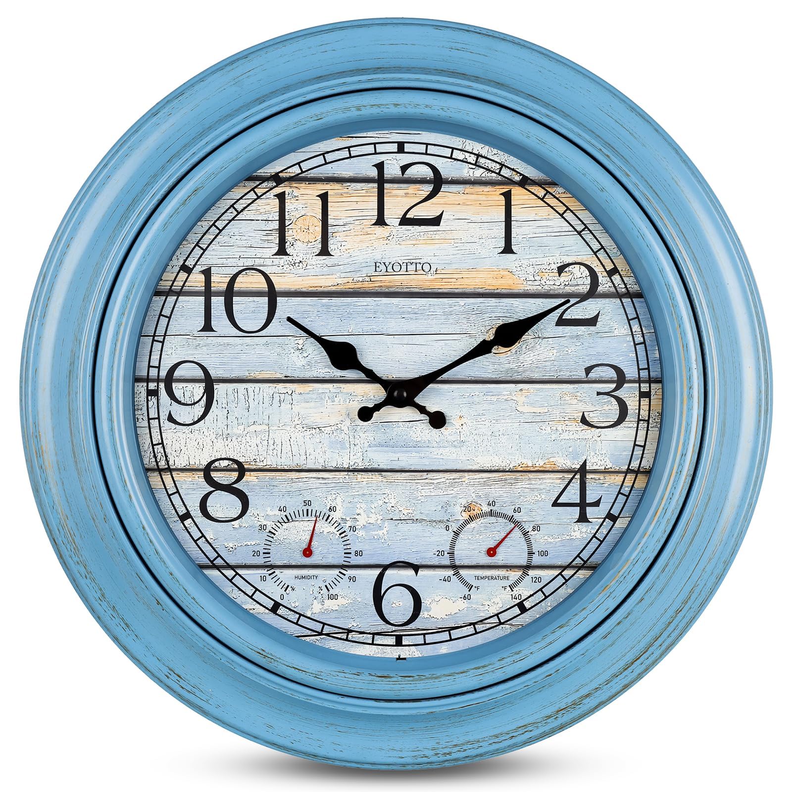 eYotto Grande horloge murale étanche de 46 cm avec thermomètre/hygromètre pour intérieur/extérieur, à piles et silencieuse, pour terrasse, piscine, jardin, salle de bain, maison de plage, bleu
